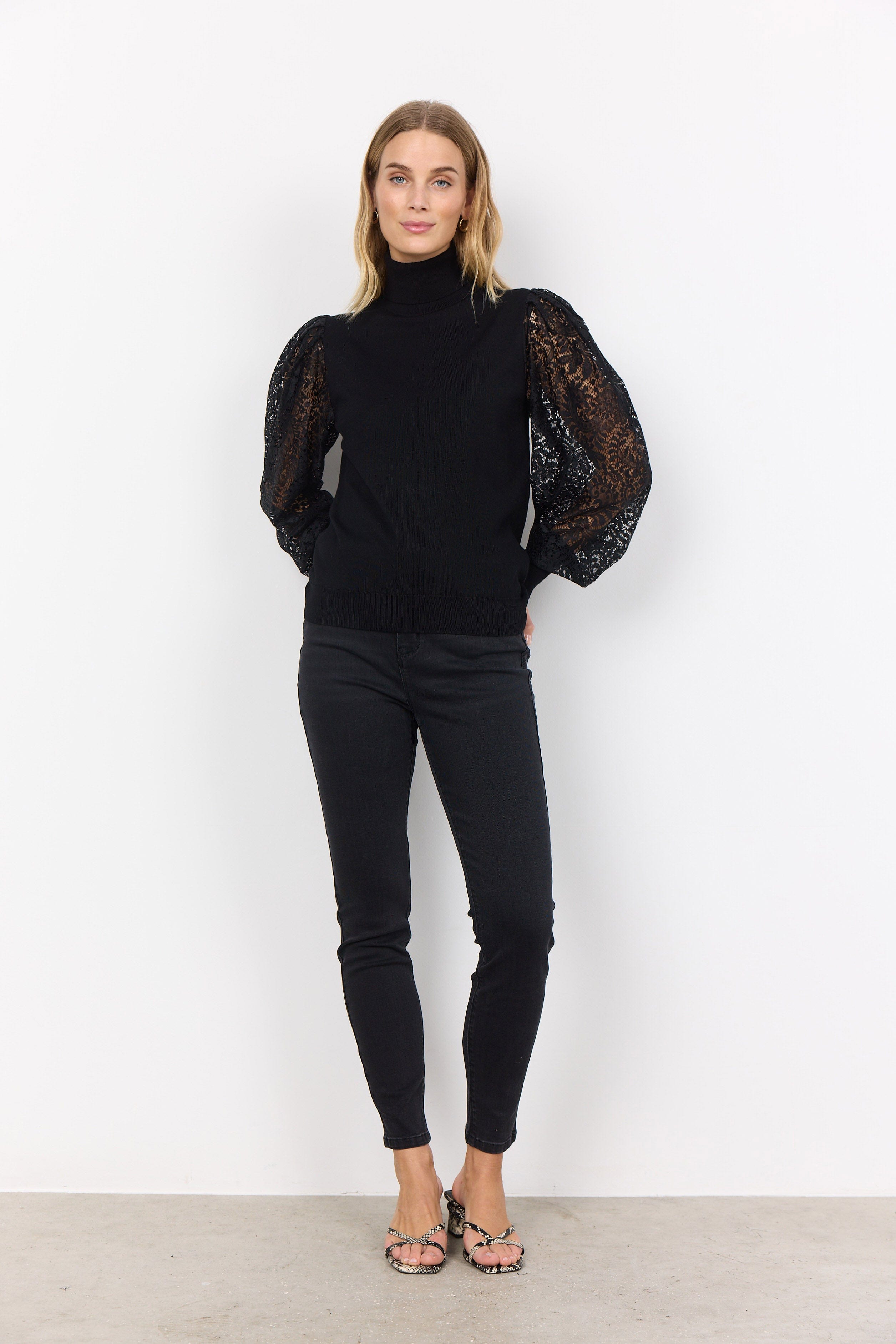 Soya Concept Dollie Knitted Jumper with Lace Sleeves - Black