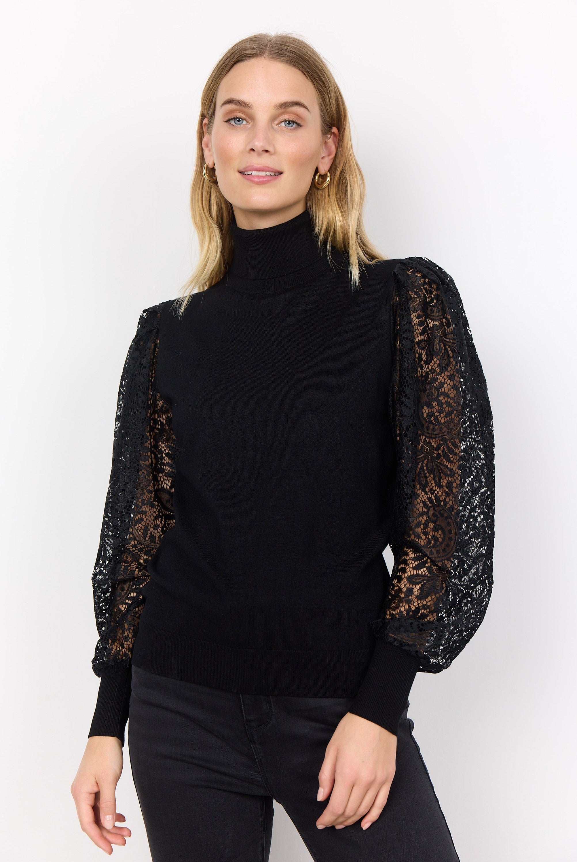 Soya Concept Dollie Knitted Jumper with Lace Sleeves - Black
