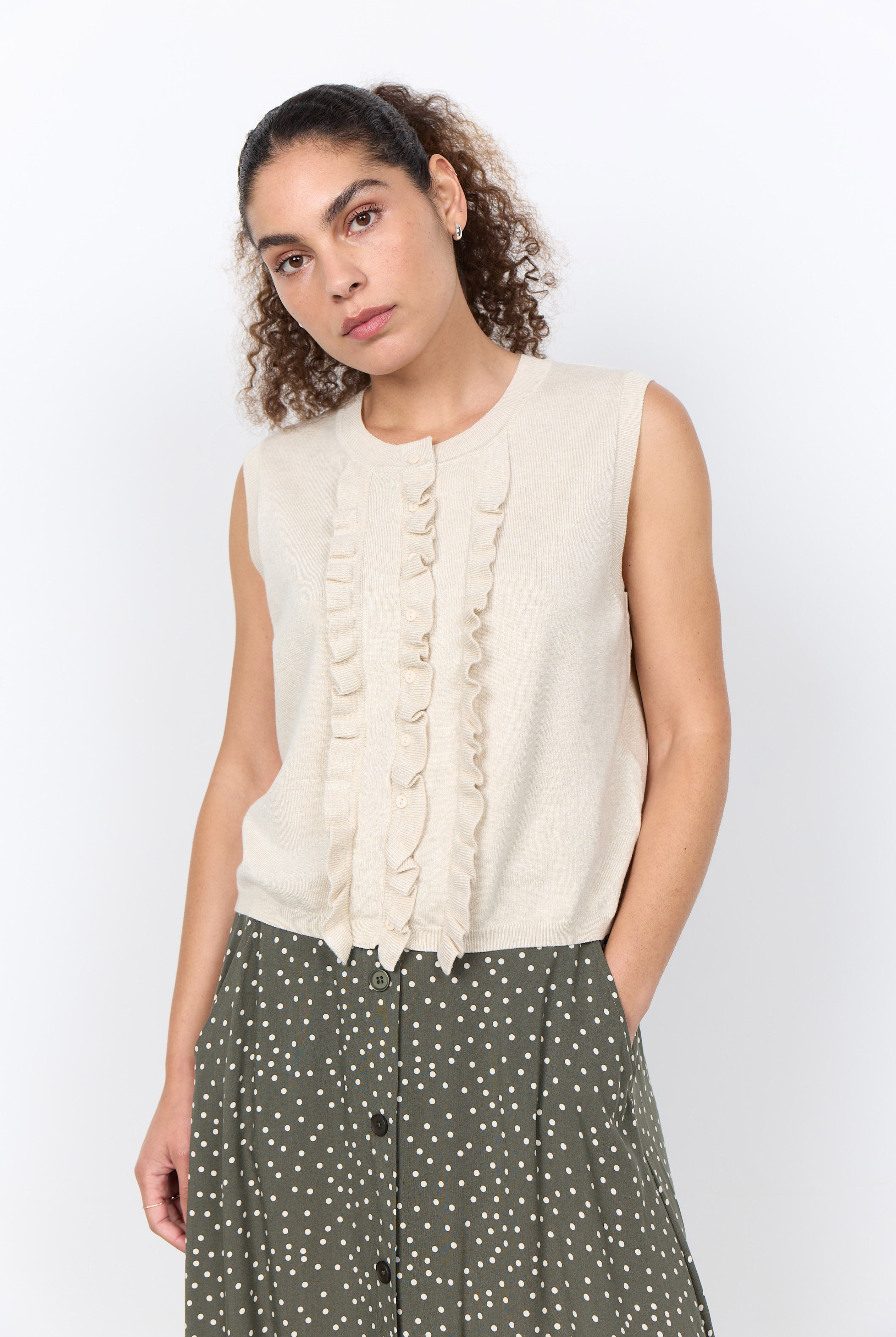Soya Concept Dollie Ruffle Sleeveless Jumper - Cream Melange