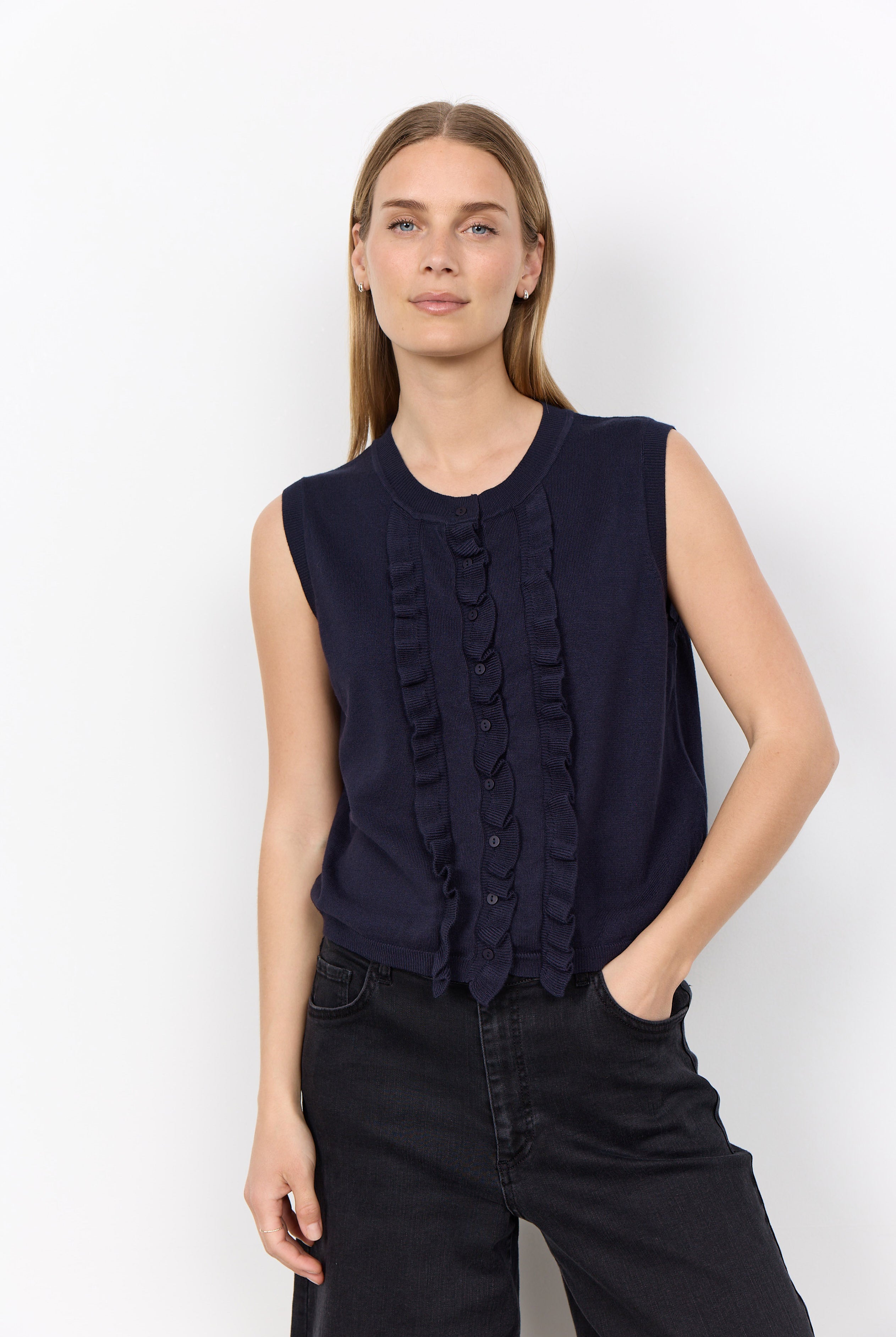 Soya Concept Dollie Ruffle Sleeveless Jumper - Navy