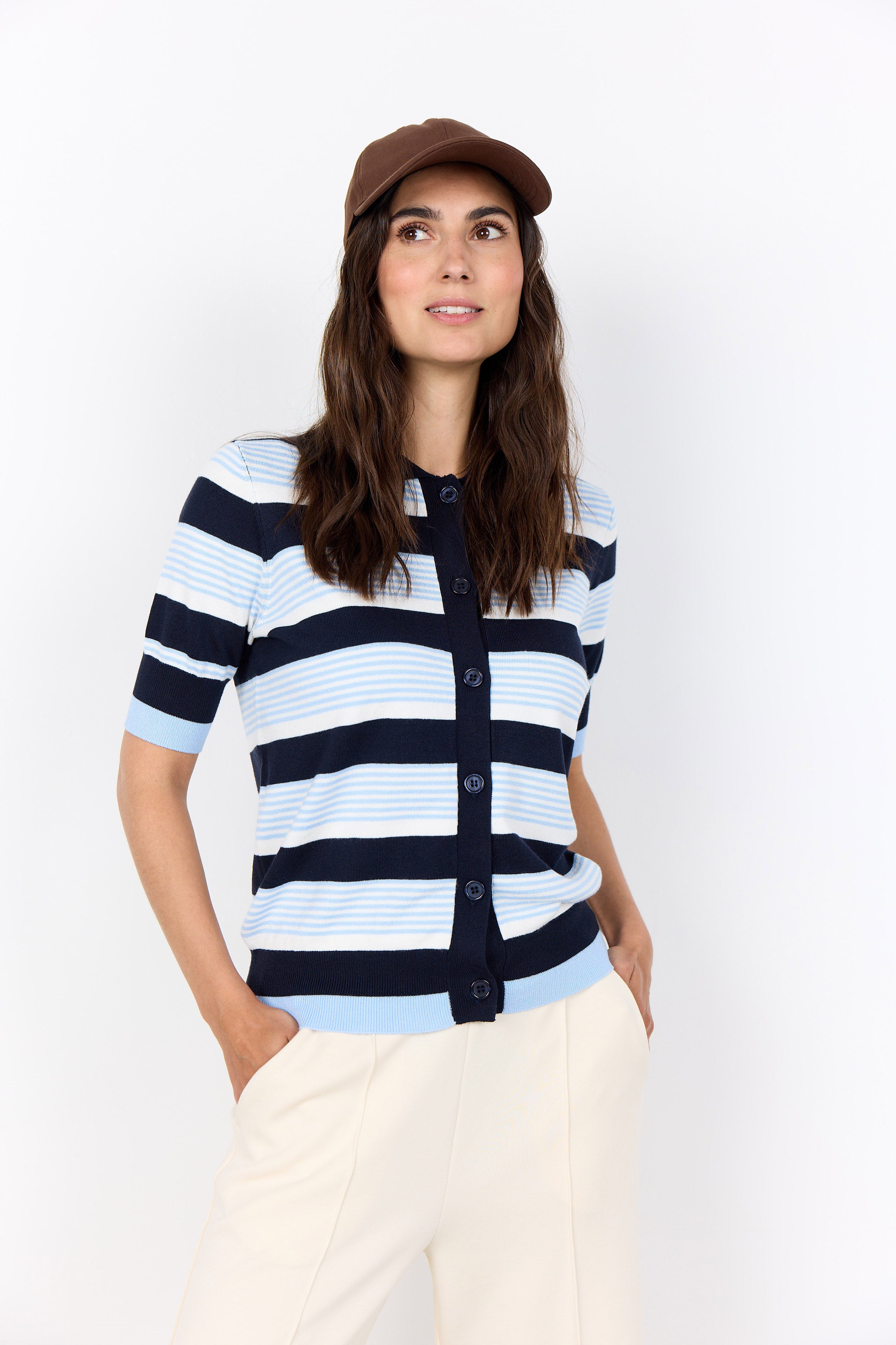 Soya Concept Dollie Striped Button Through Knit - Navy Combi