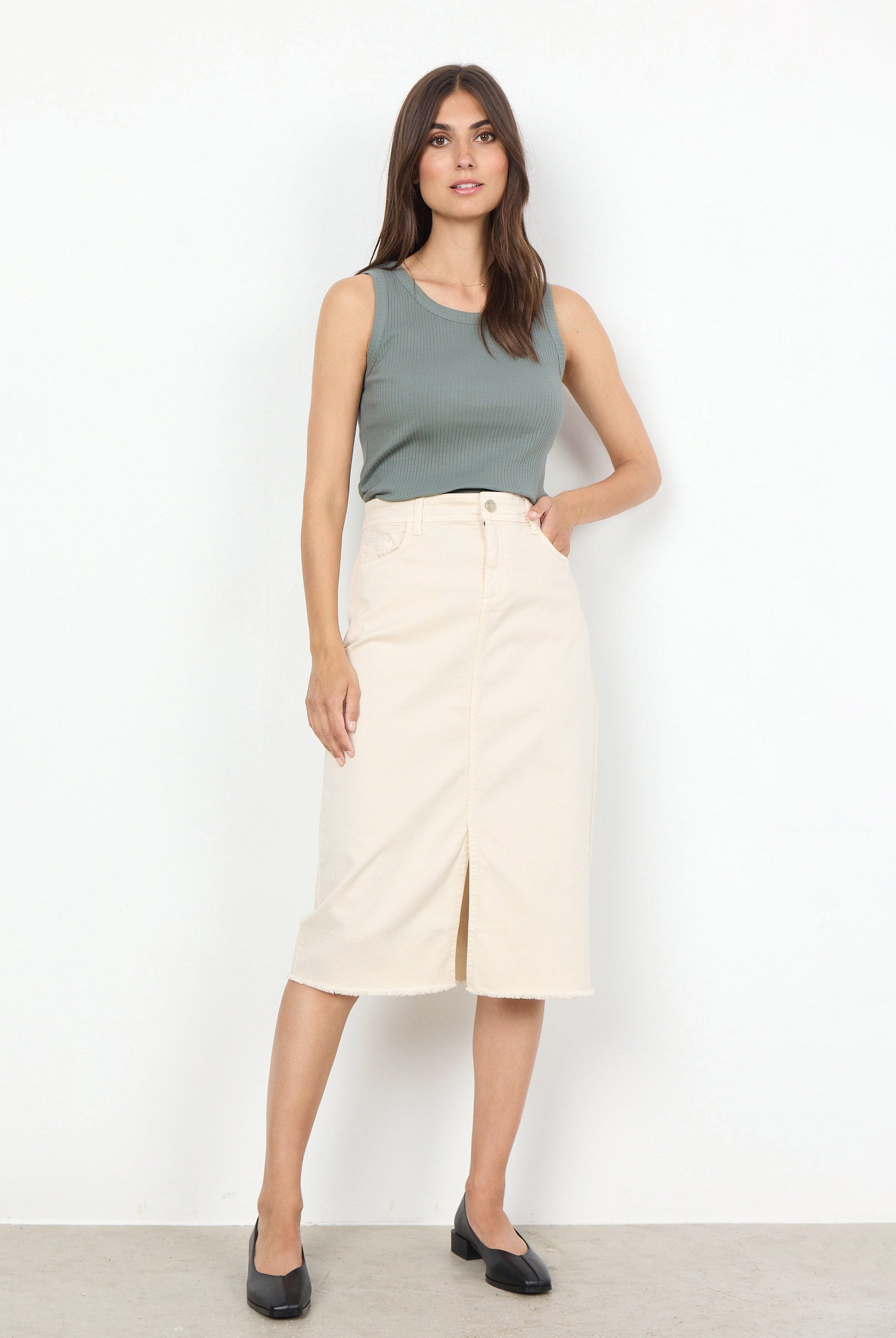Soya Concept Erna Denim Midi Skirt - Cream