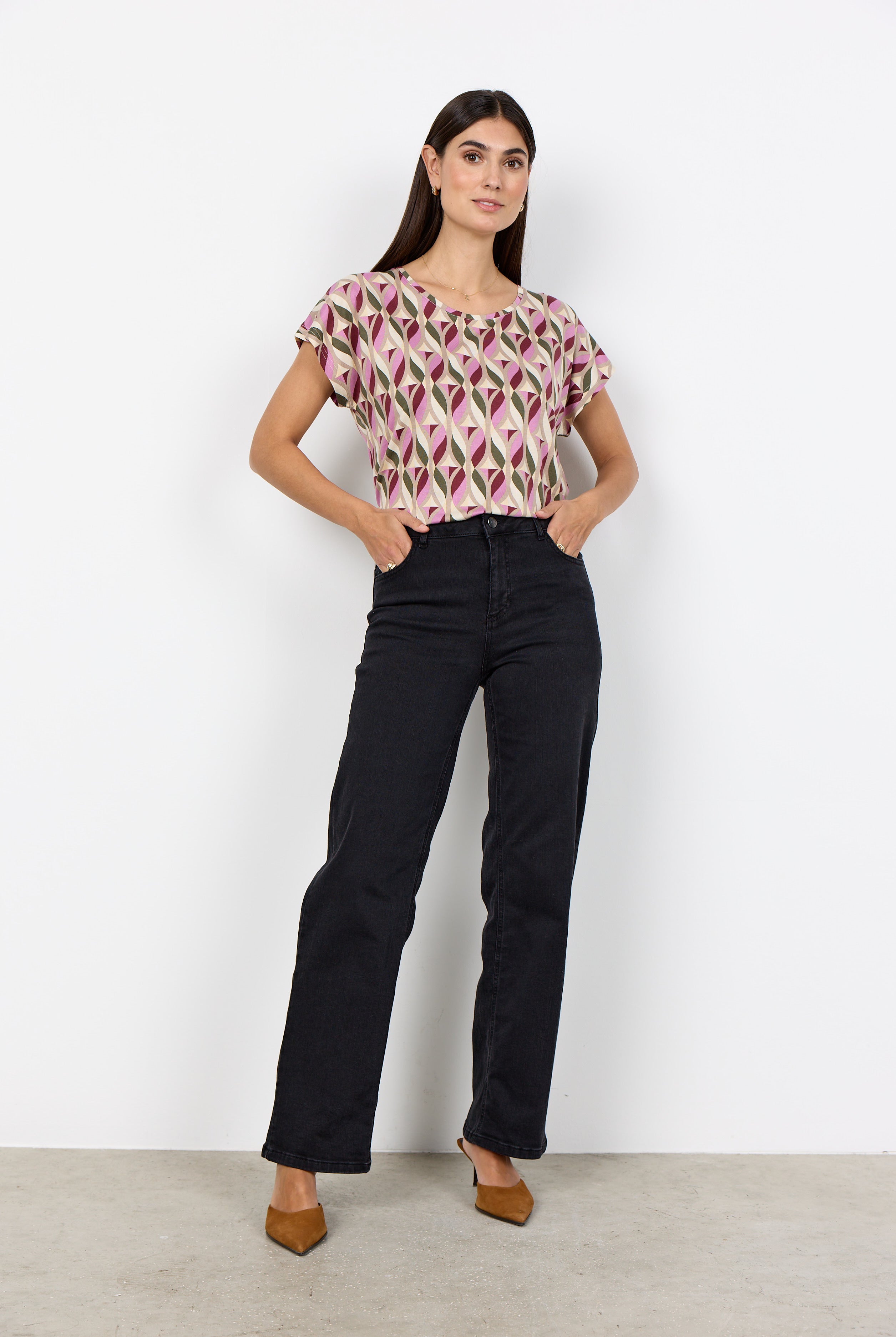 Soya Concept Felicity Geometric T-Shirt - Oxblood Red Combi