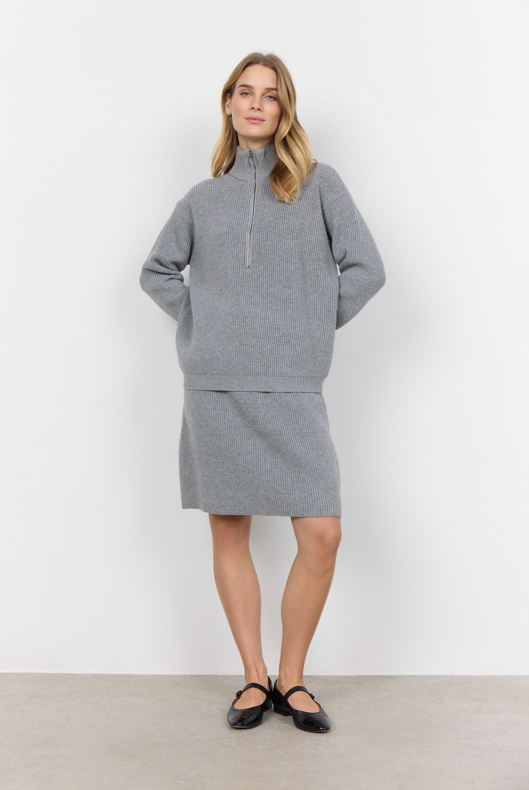 Soya Concept Ilia Quarter Zip Knitted Jumper - Mid Grey Melange