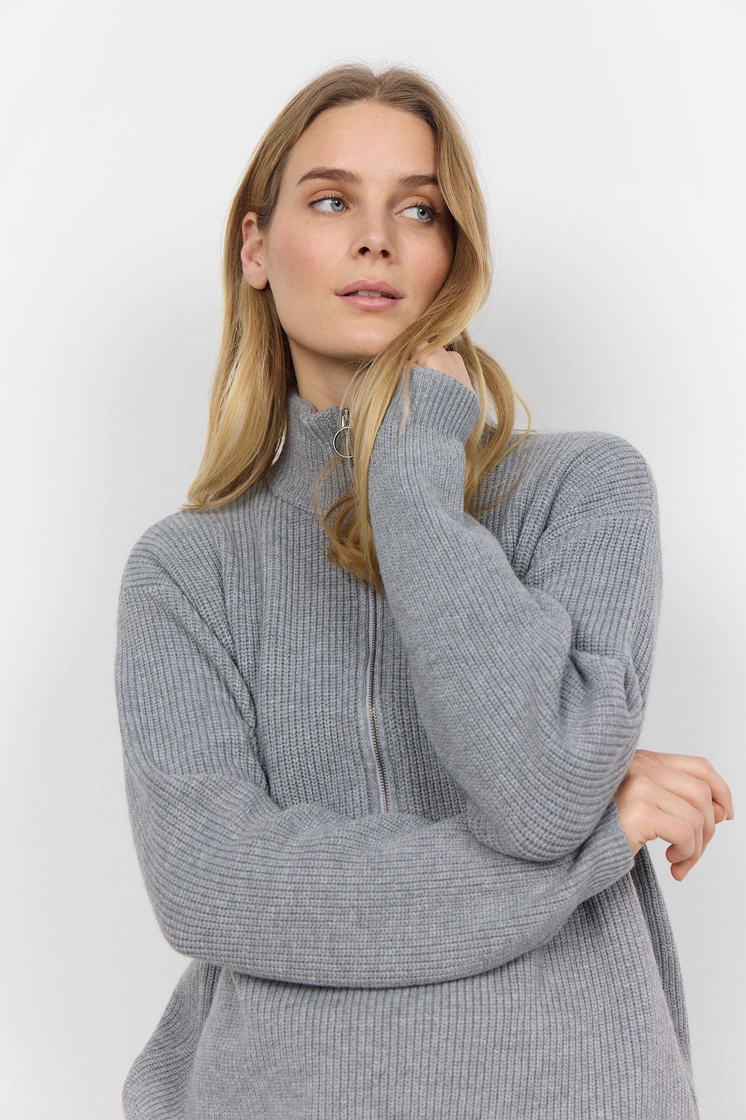 Soya Concept Ilia Quarter Zip Knitted Jumper - Mid Grey Melange