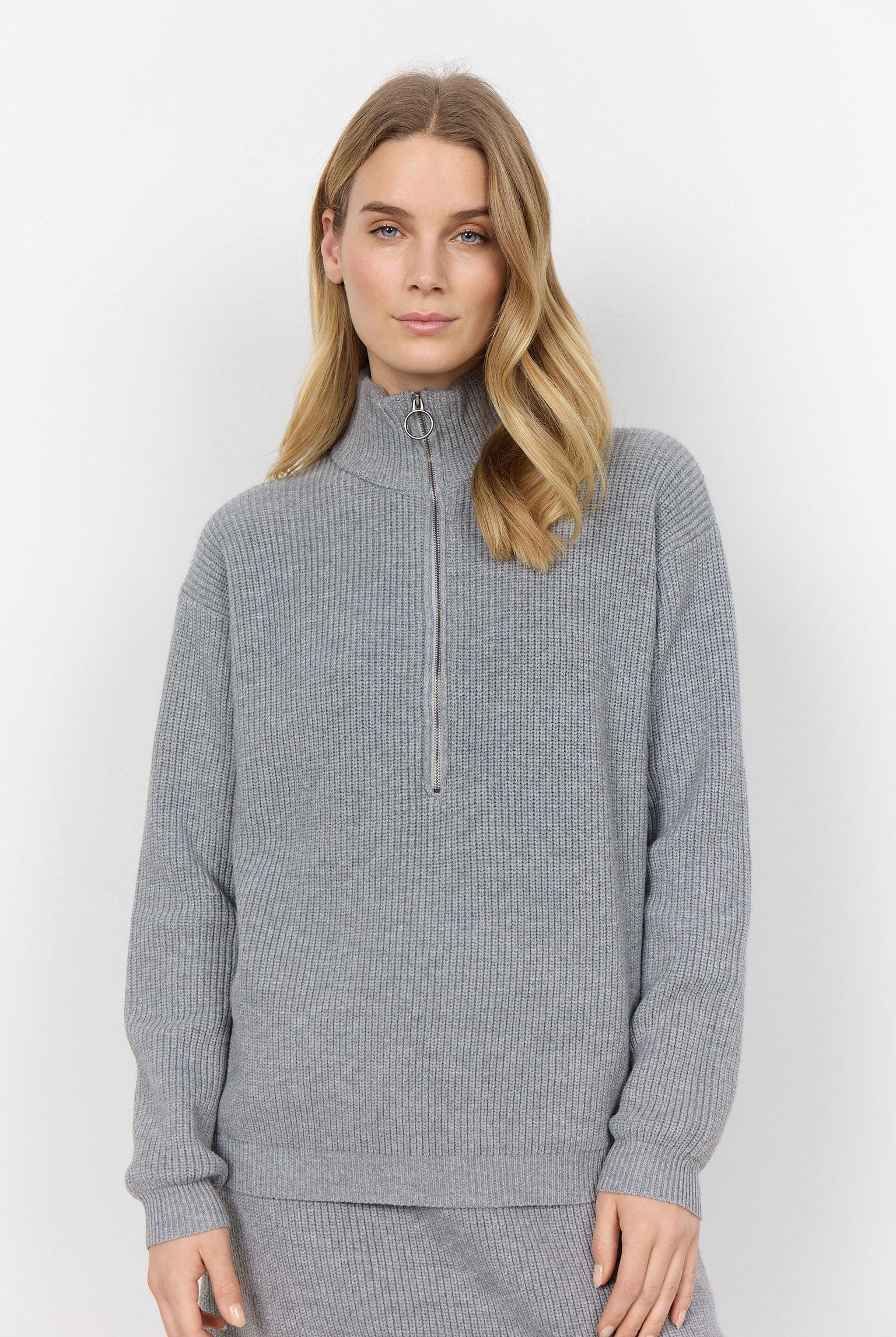 Soya Concept Ilia Quarter Zip Knitted Jumper - Mid Grey Melange