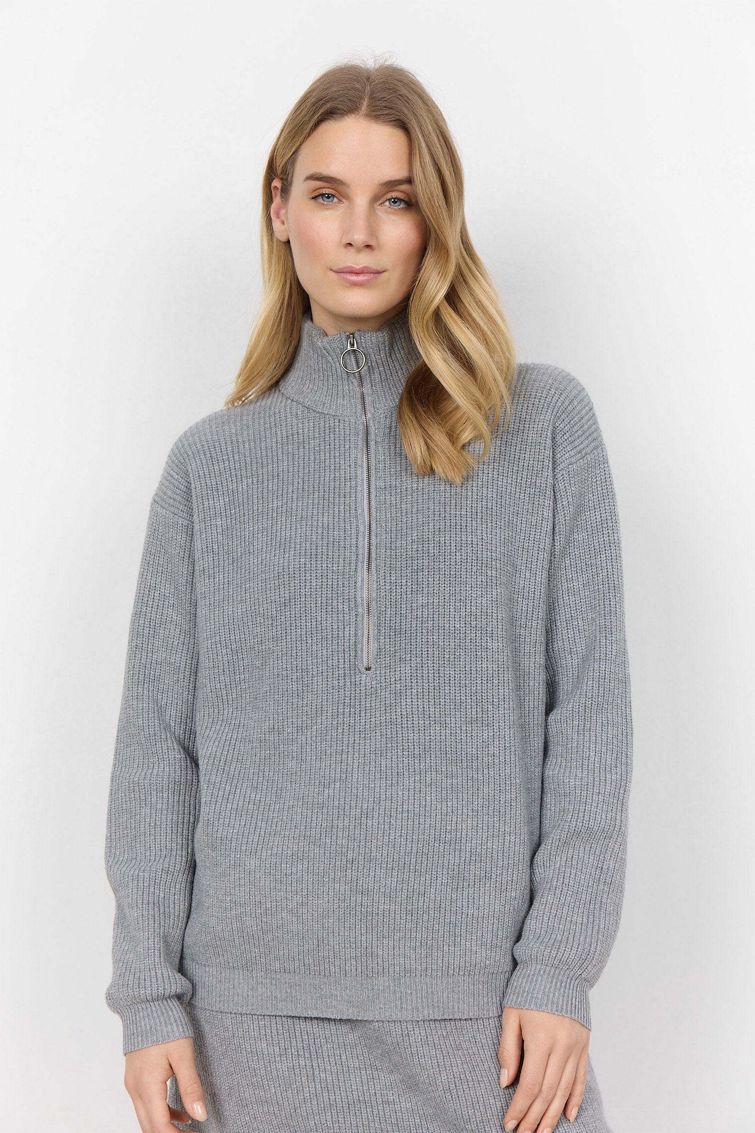 Soya Concept Ilia Quarter Zip Knitted Jumper - Mid Grey Melange