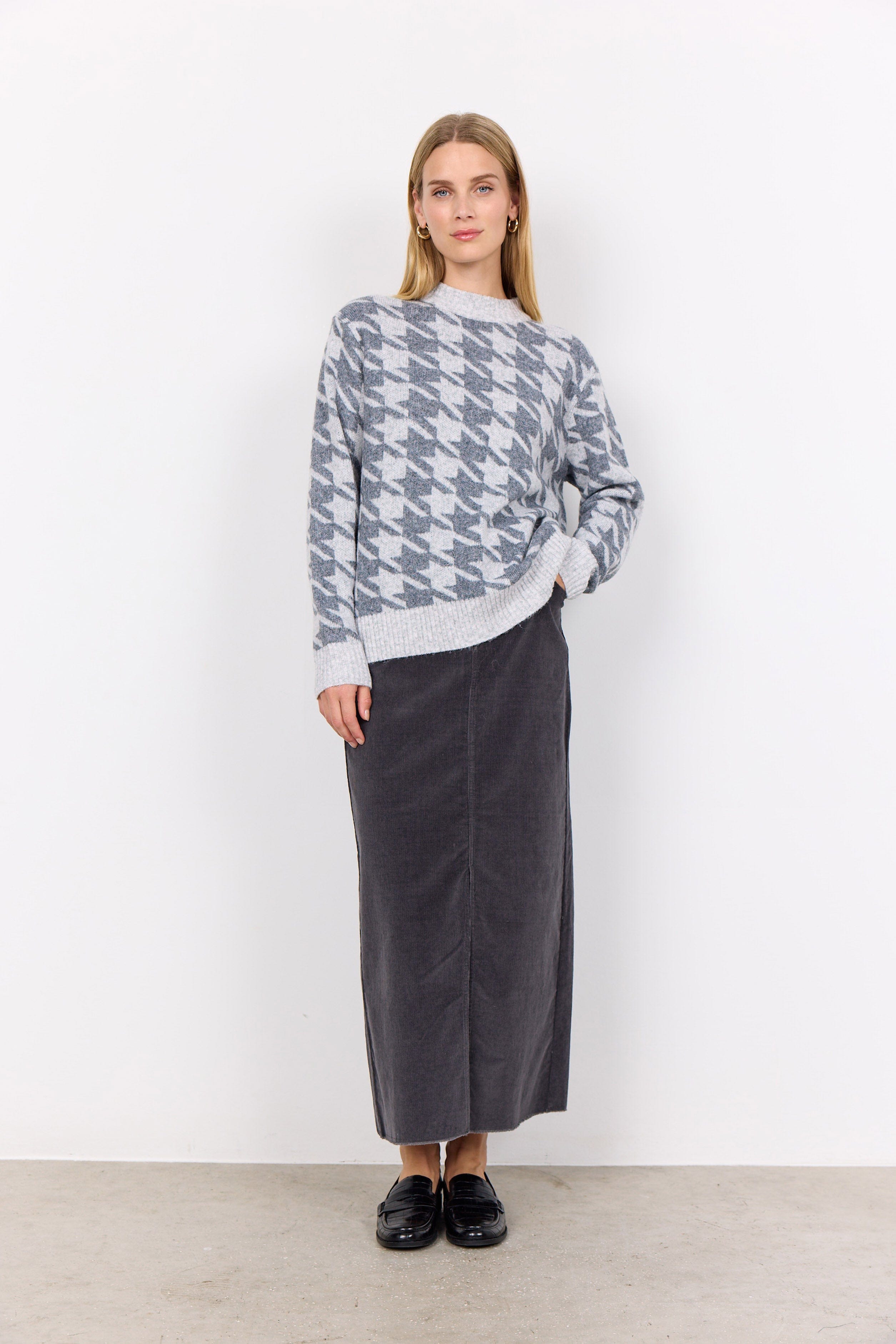 Soya Concept Ine Houndstooth Knitted Jumper - Light Grey Melange Combi