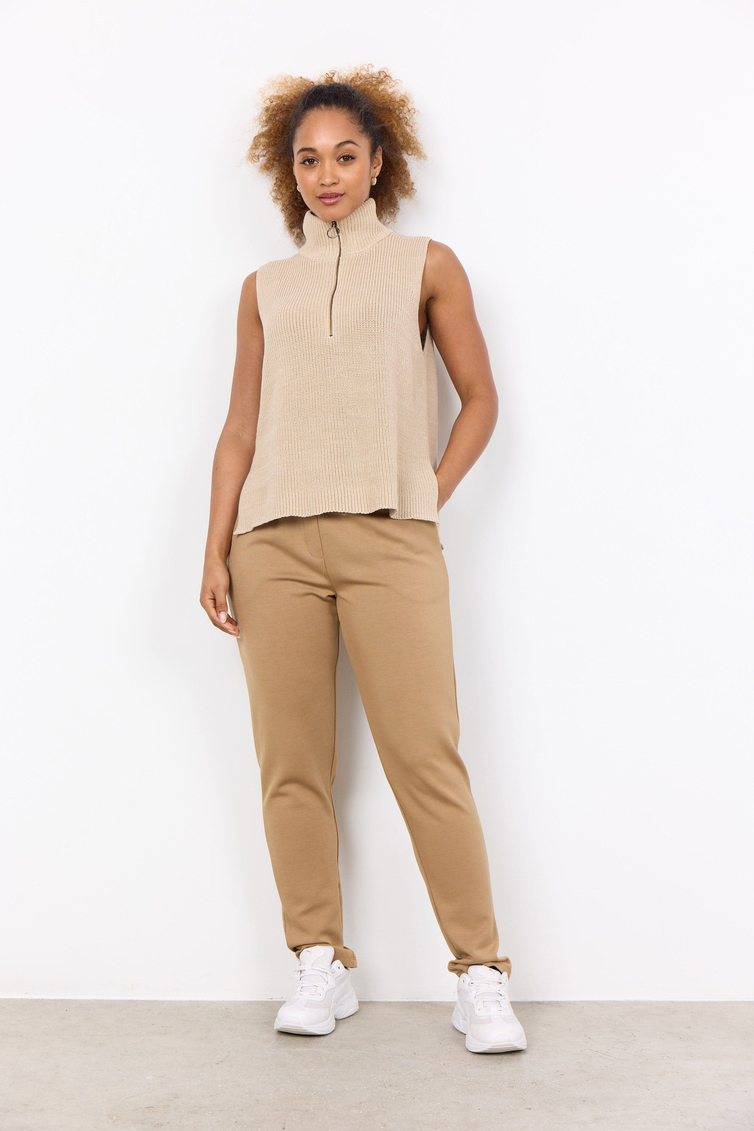 Soya Concept Julia Quarter Zip Sleeveless Jumper - Sand
