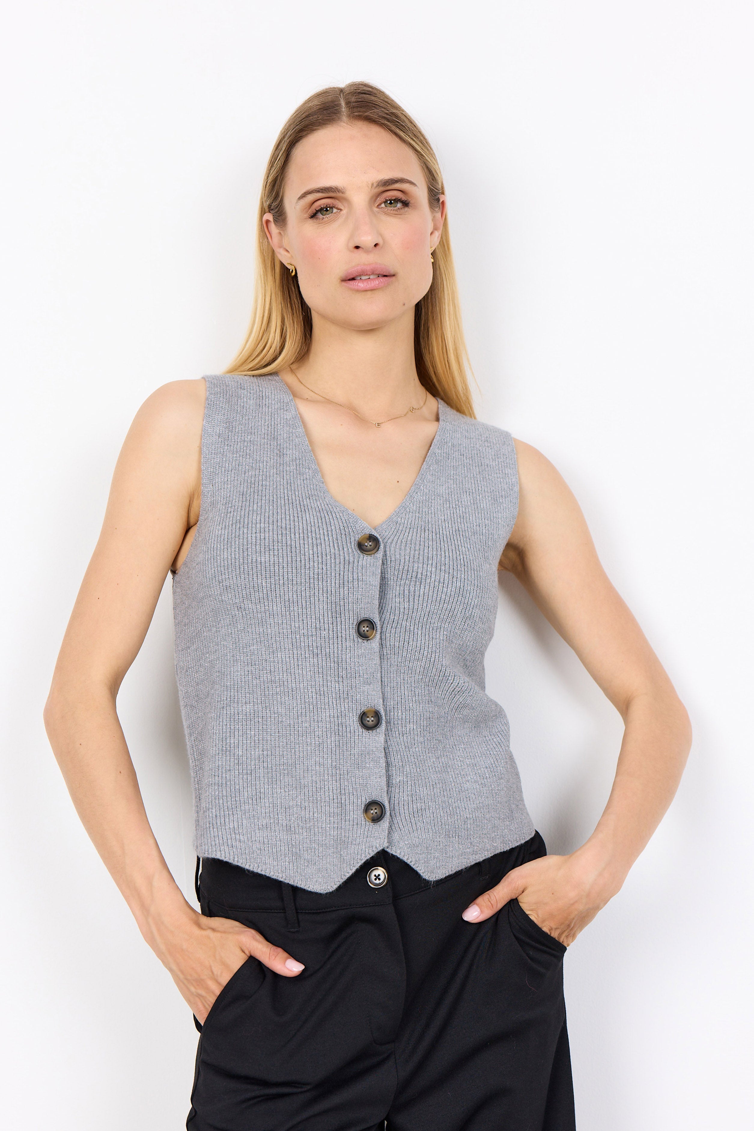 Soya Concept Kanita Knit Waistcoat - Mid Grey Melange