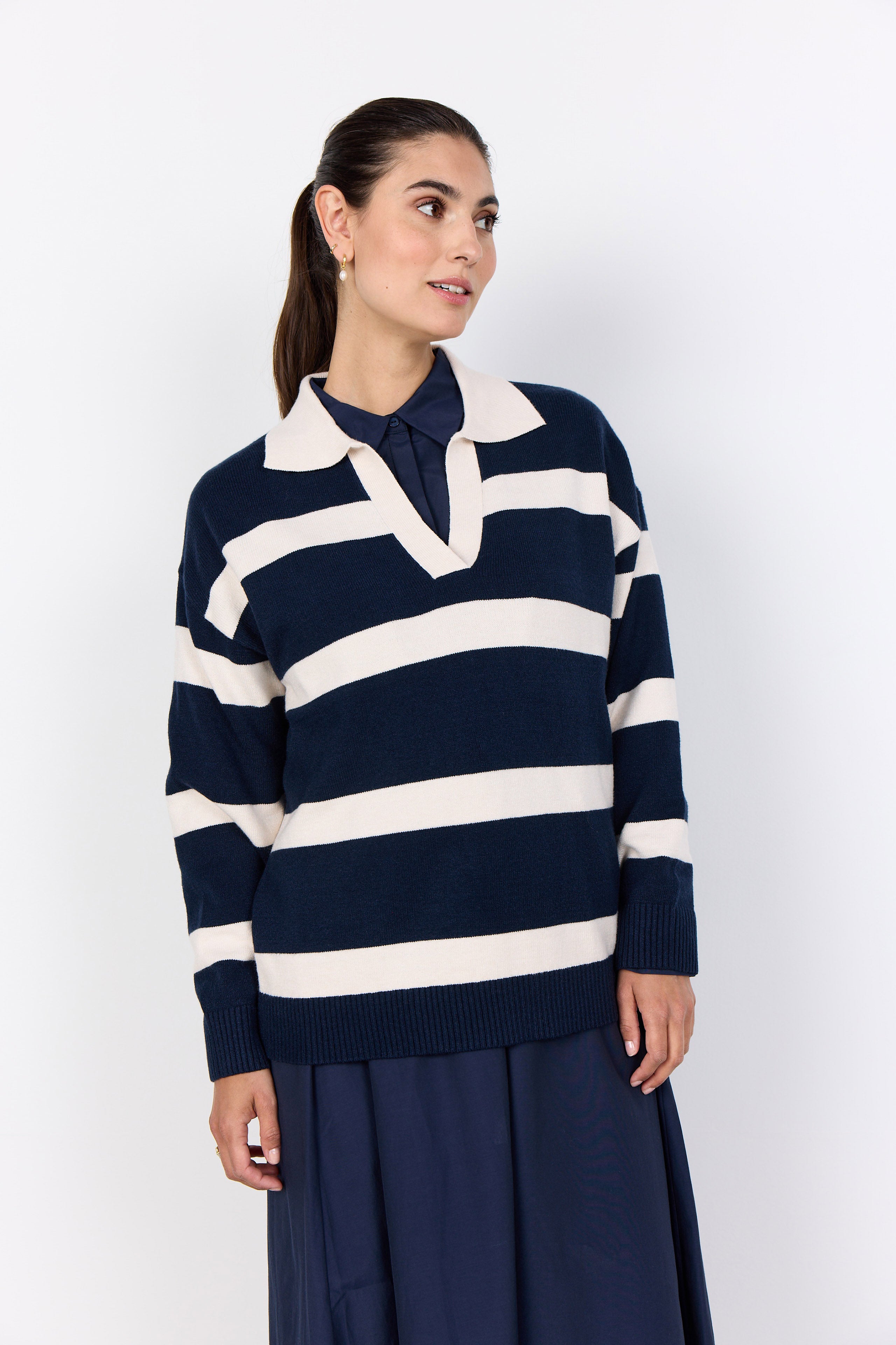Soya Concept Kanita Stripe Knitted Collared Jumper - Navy Melange Combi
