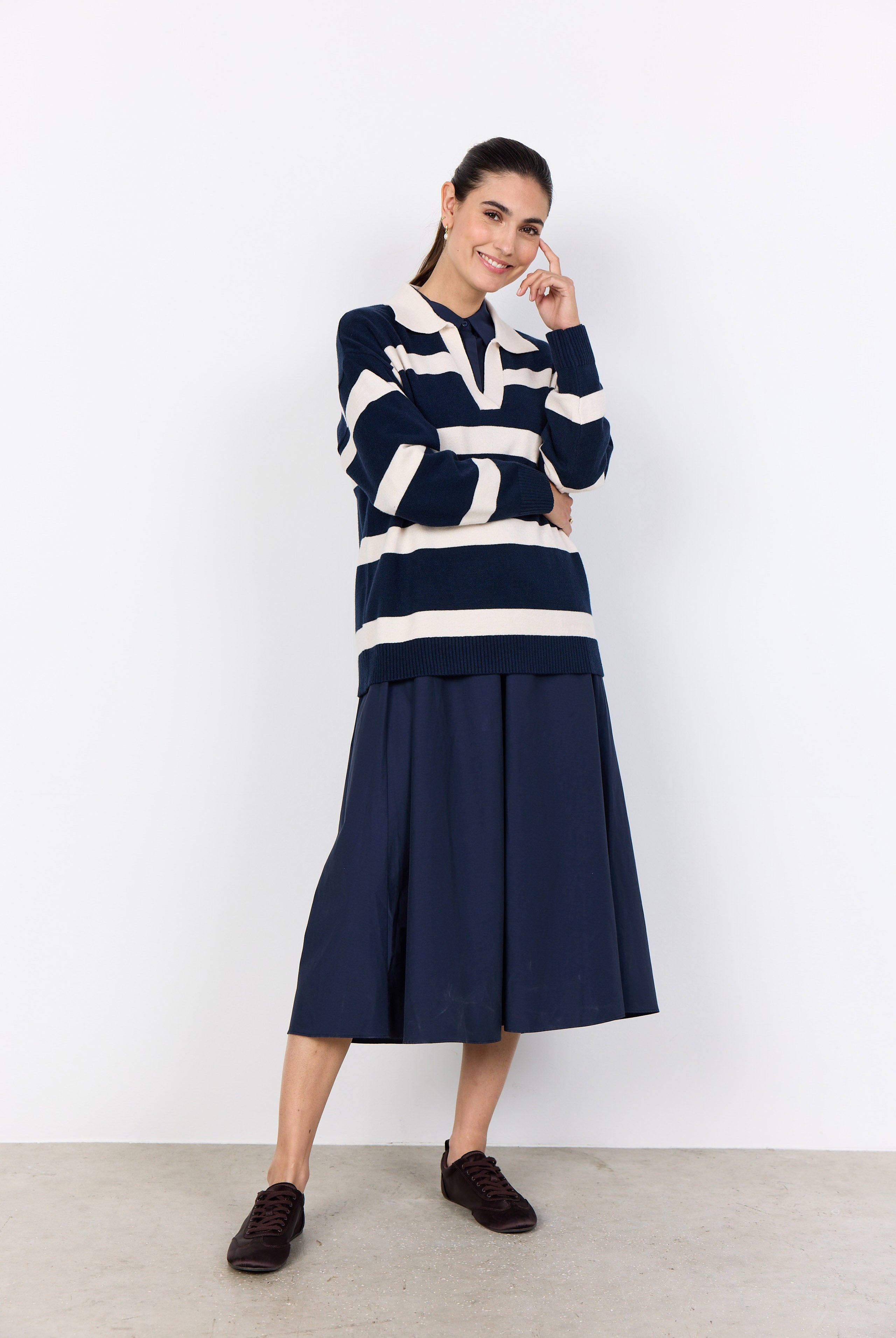Soya Concept Kanita Stripe Knitted Collared Jumper - Navy Melange Combi