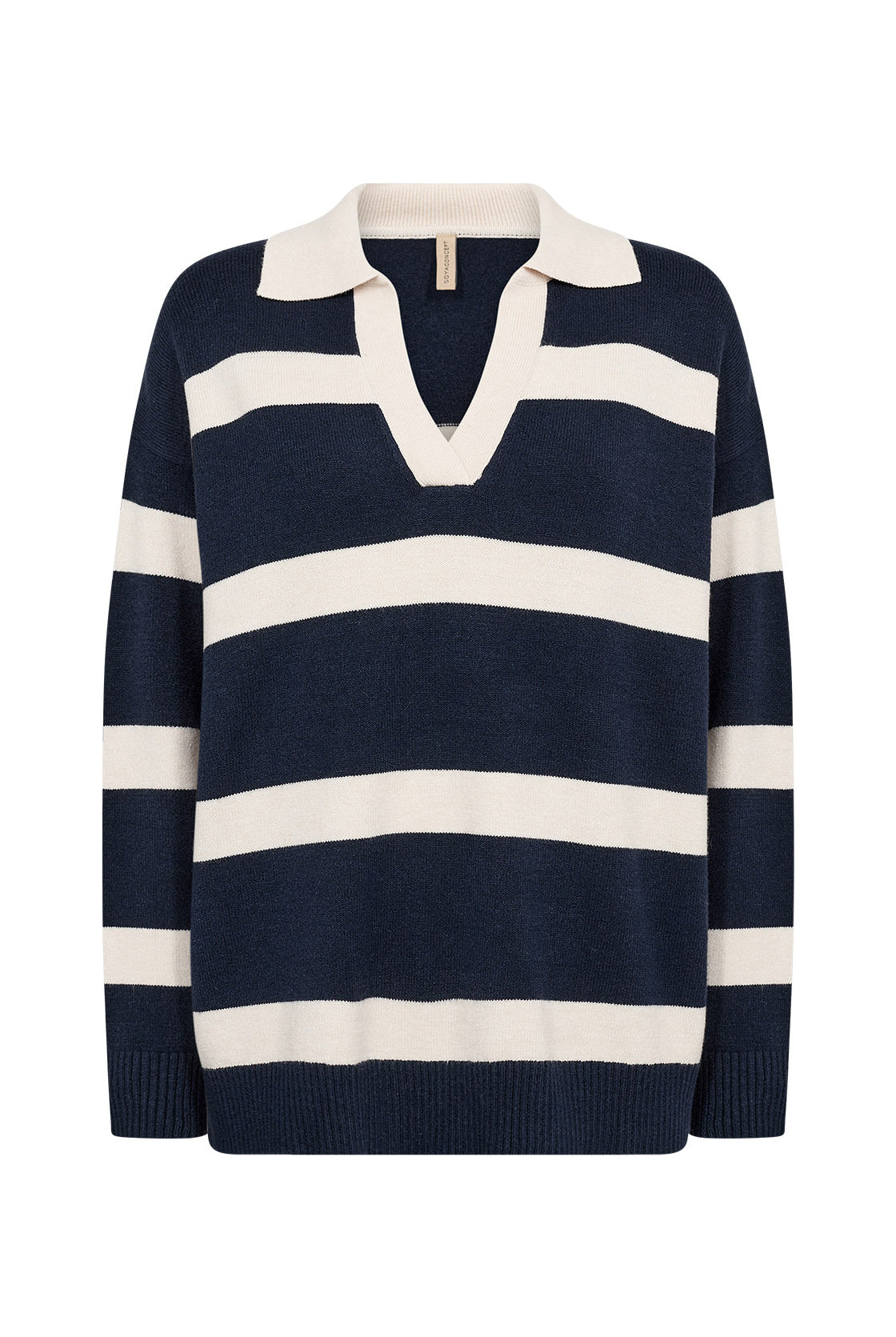 Soya Concept Kanita Stripe Knitted Collared Jumper - Navy Melange Combi