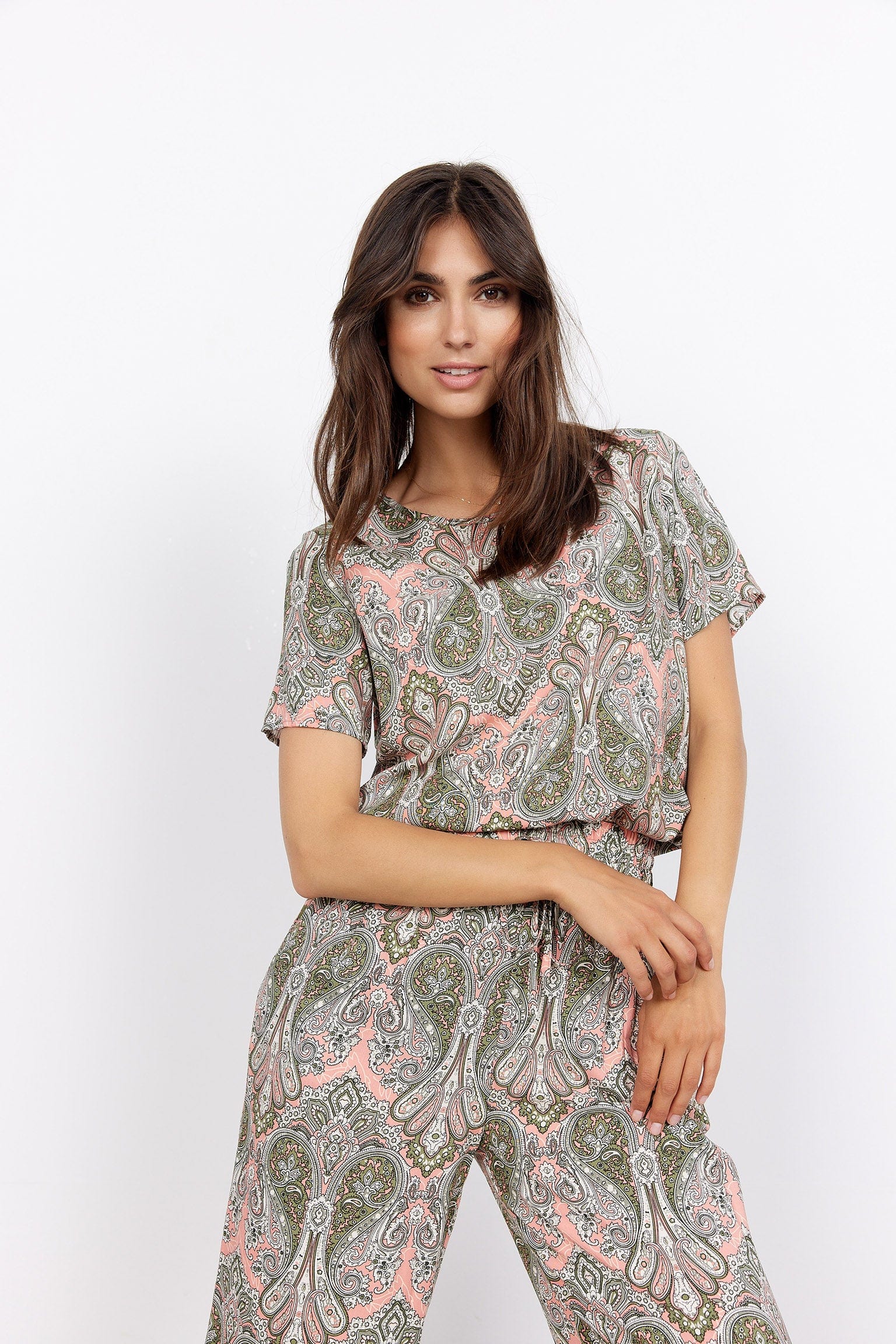 Soya Concept Kija Printed Short Sleeve Blouse - Coral Haze Combi