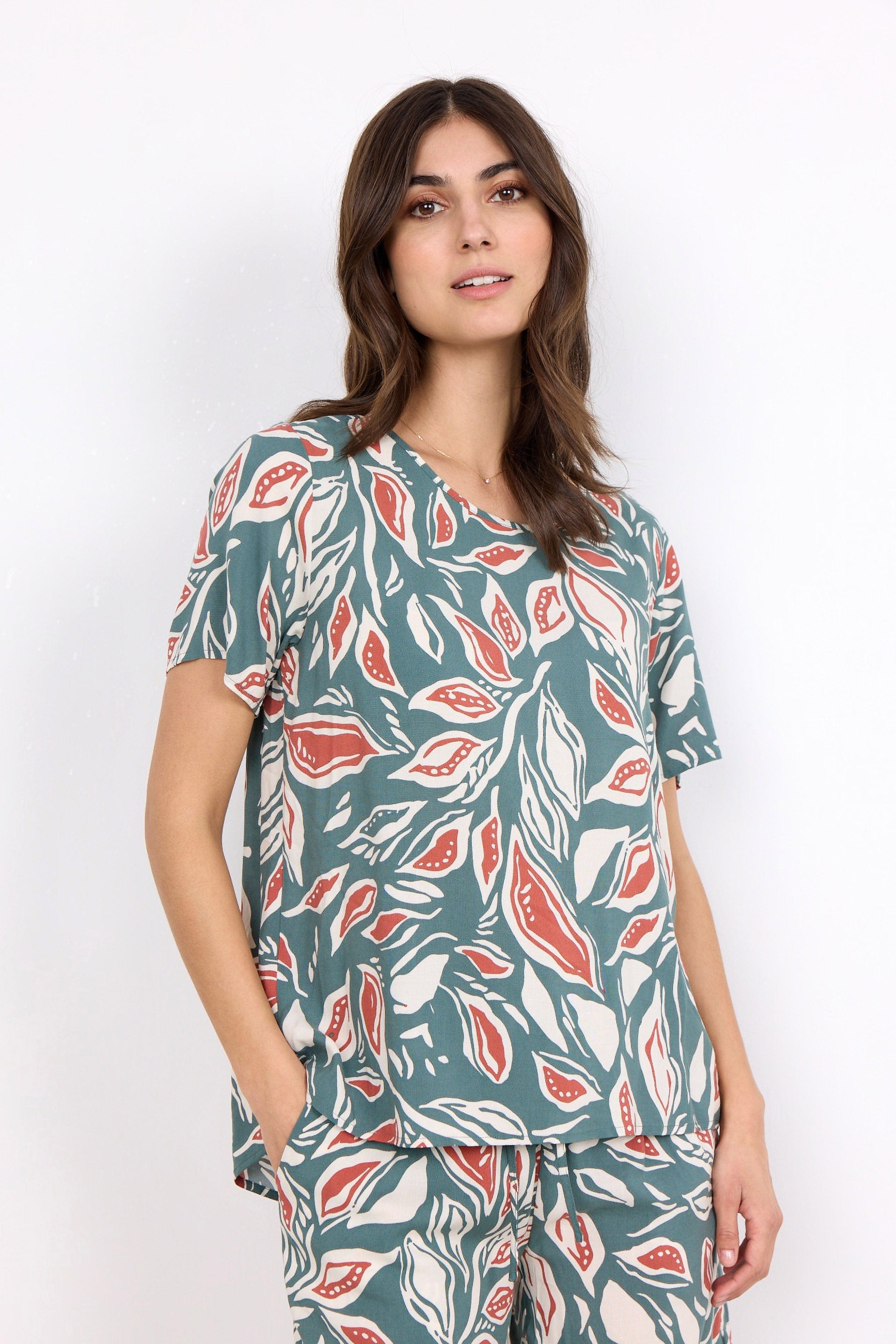 Soya Concept Leda Leaf Printed Blouse - Shadow Green Combi