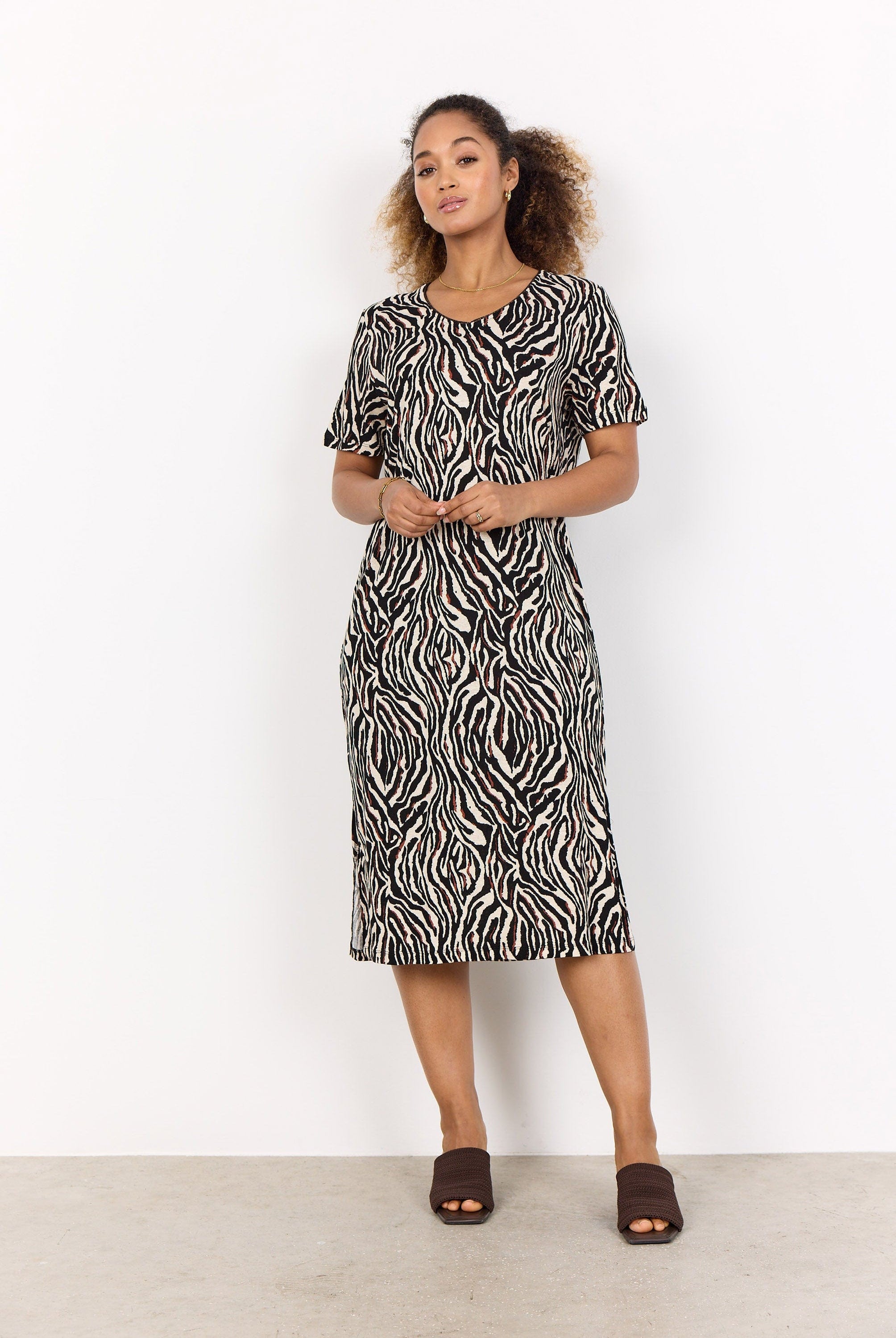 Soya Concept Lenise Animal Print Linen Blend Short Sleeve Dress - Black Combi