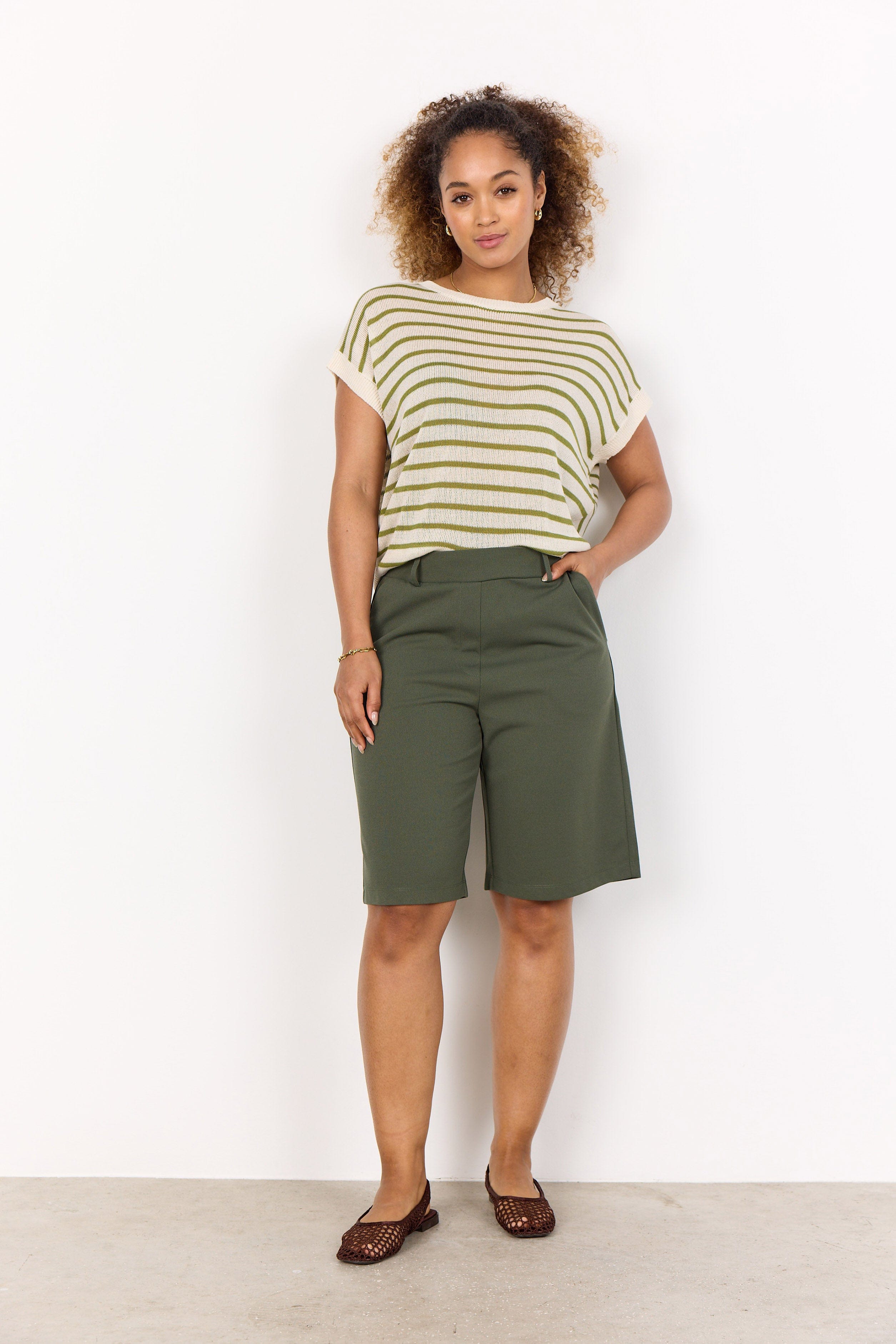 Soya Concept Luanna Stripe Linen Blend Knit Top - Calliste Green Combi