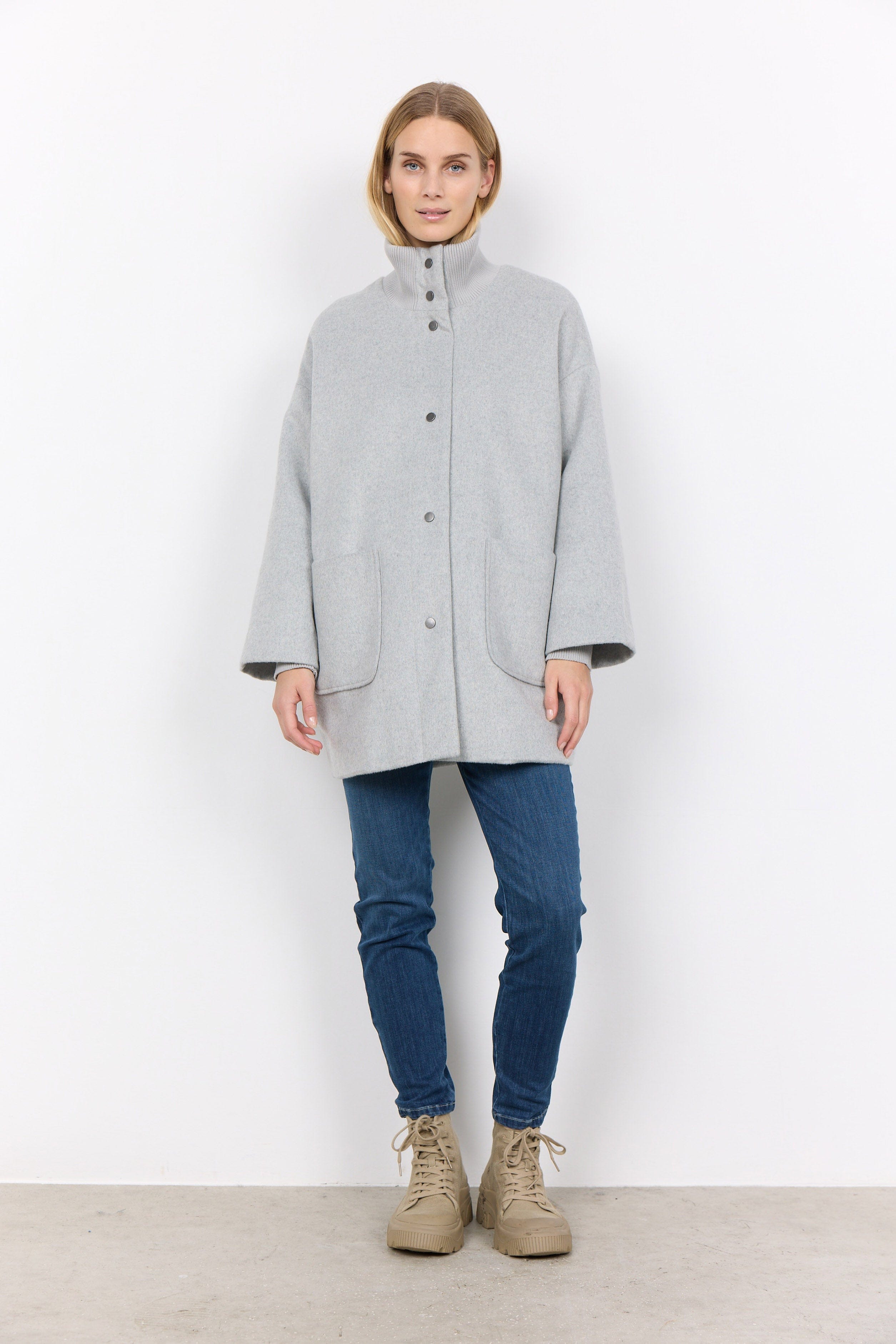 Soya Concept Madelon Longline Wool Blend Jacket - Light Grey Melange