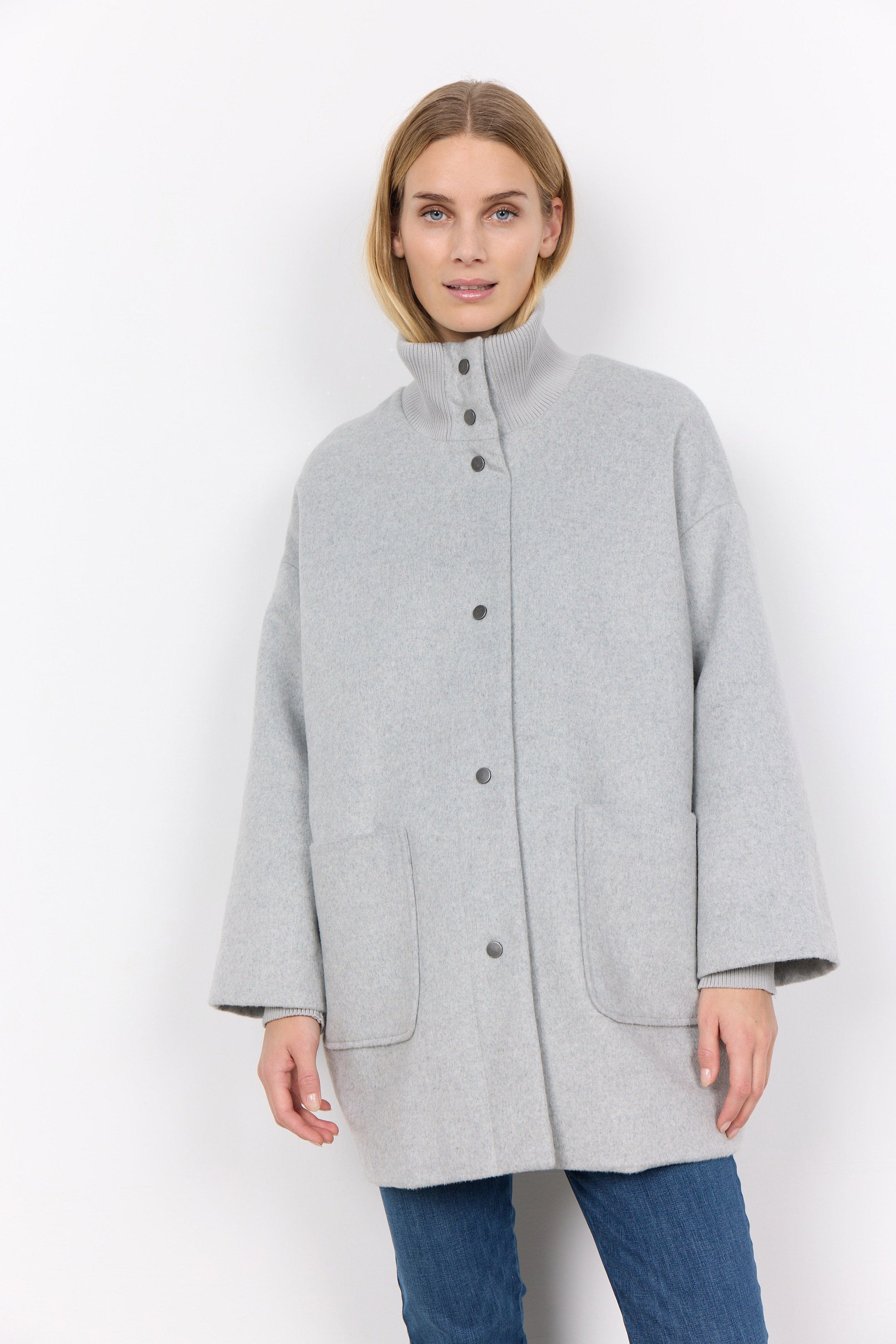 Soya Concept Madelon Longline Wool Blend Jacket - Light Grey Melange