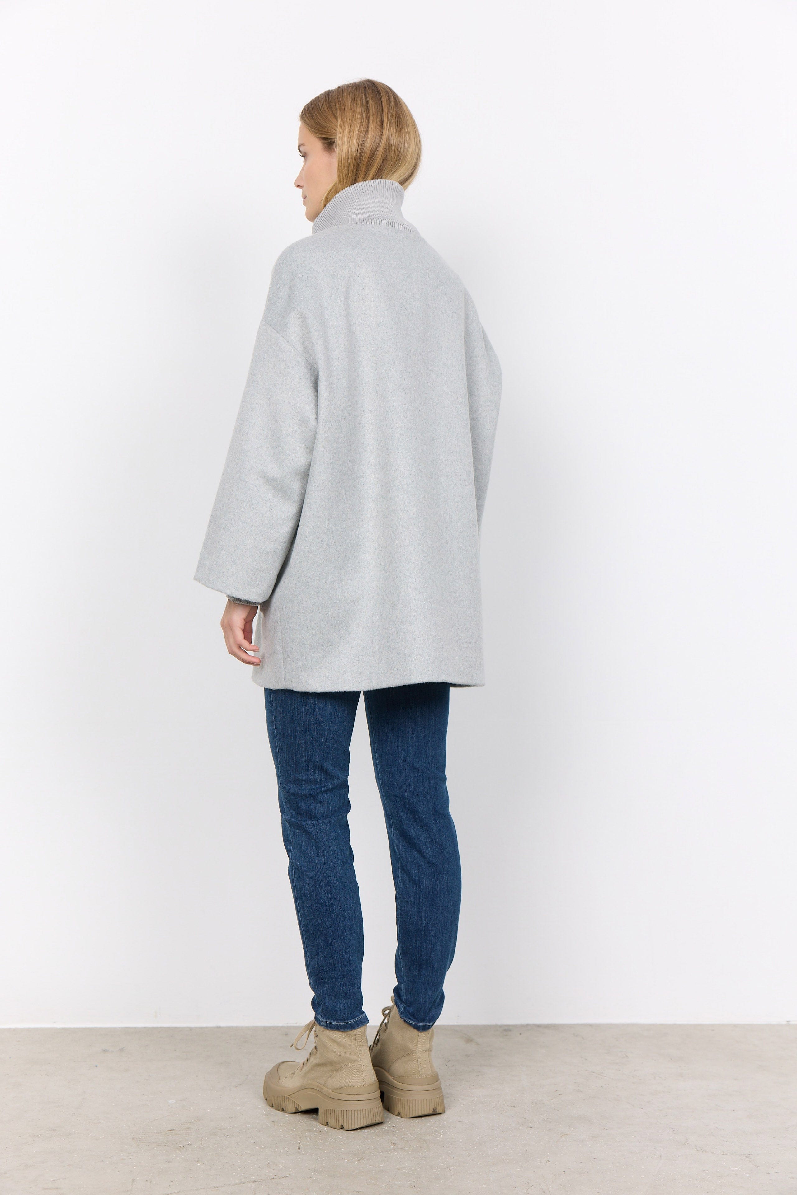 Soya Concept Madelon Longline Wool Blend Jacket - Light Grey Melange