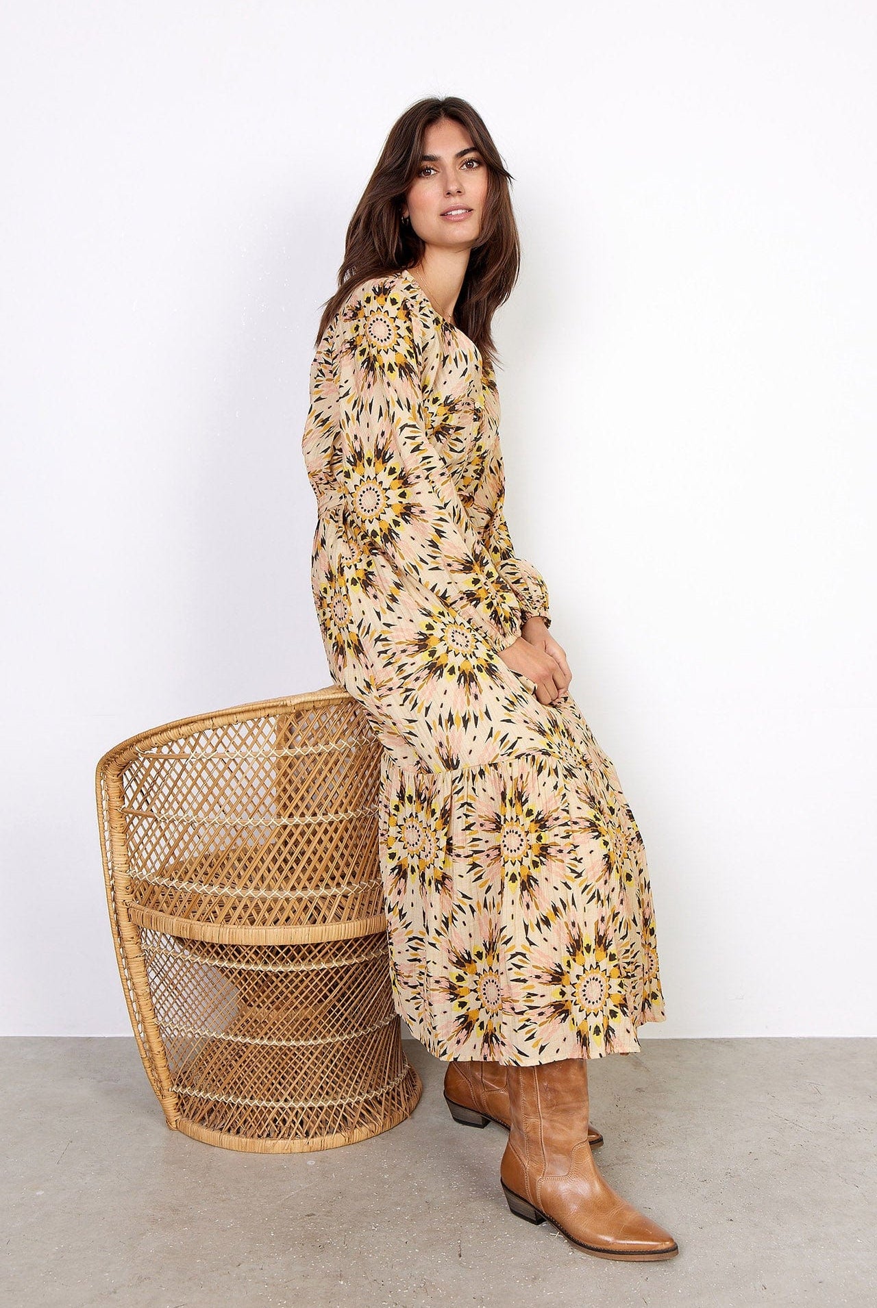 Soya Concept Mirra Printed Midi Dress - Golden Yellow Combi
