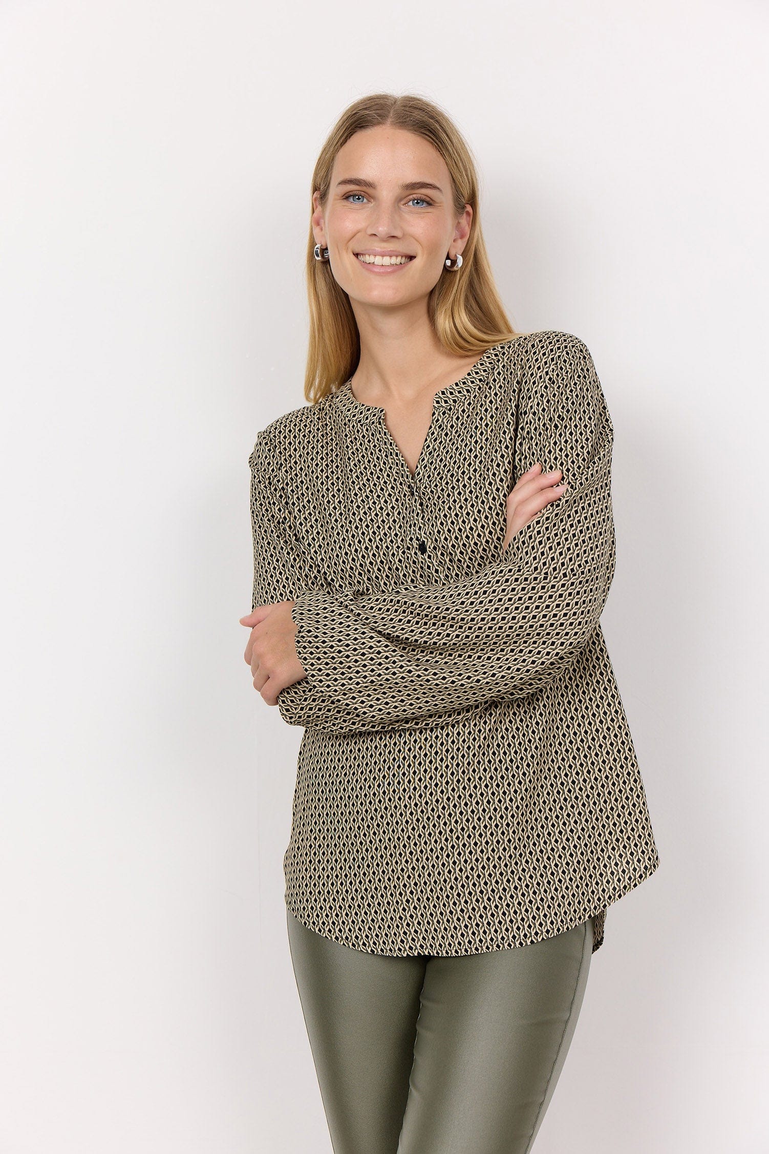 Soya Concept Namra Printed Blouse - Dark Olive Combi