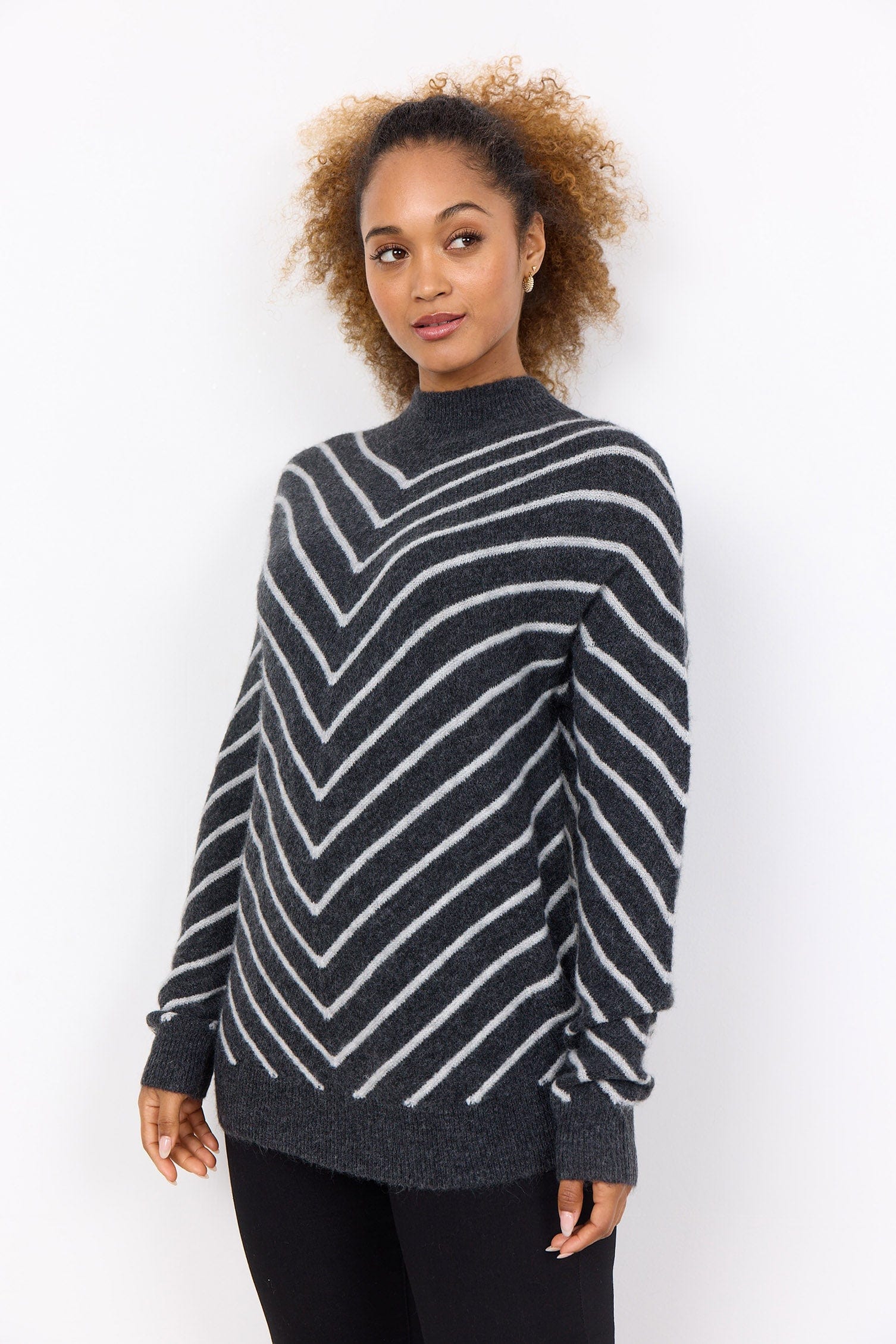 Soya Concept Nessie Chevron Knitted Jumper - Dark Grey Melange Combi