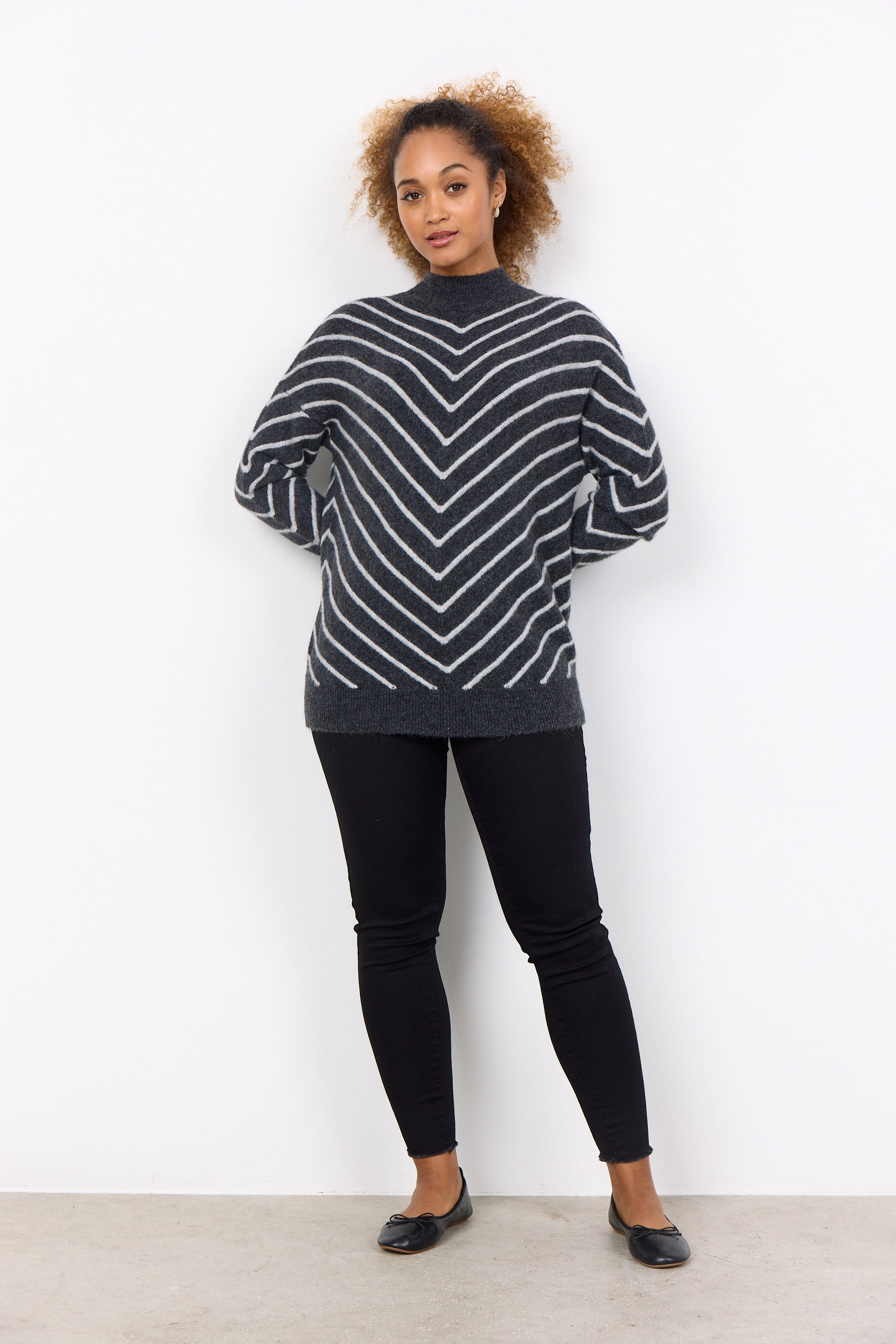 Soya Concept Nessie Chevron Knitted Jumper - Dark Grey Melange Combi