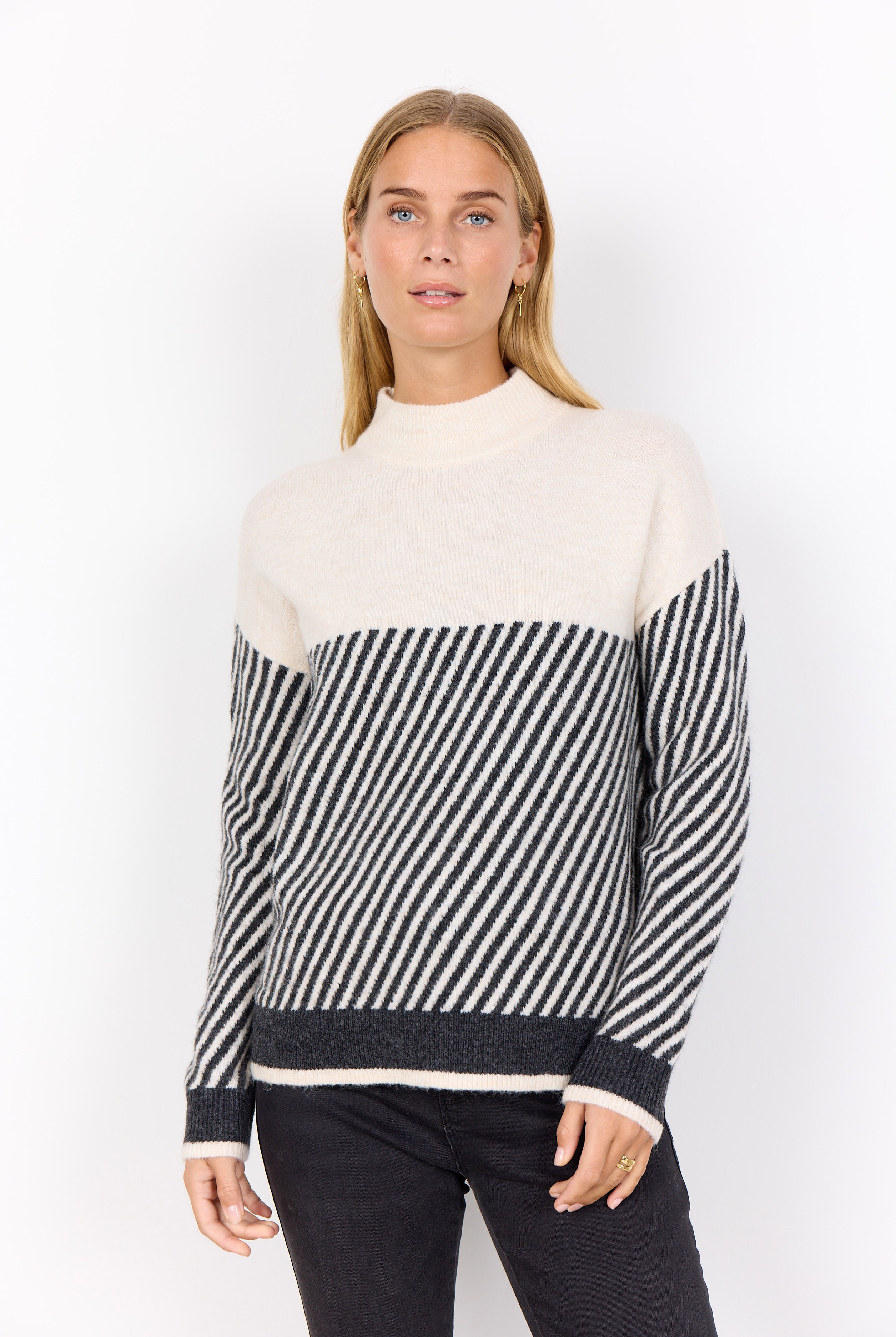 Soya Concept Nessie Stripe Wool Blend Jumper - Cream Melange Combi