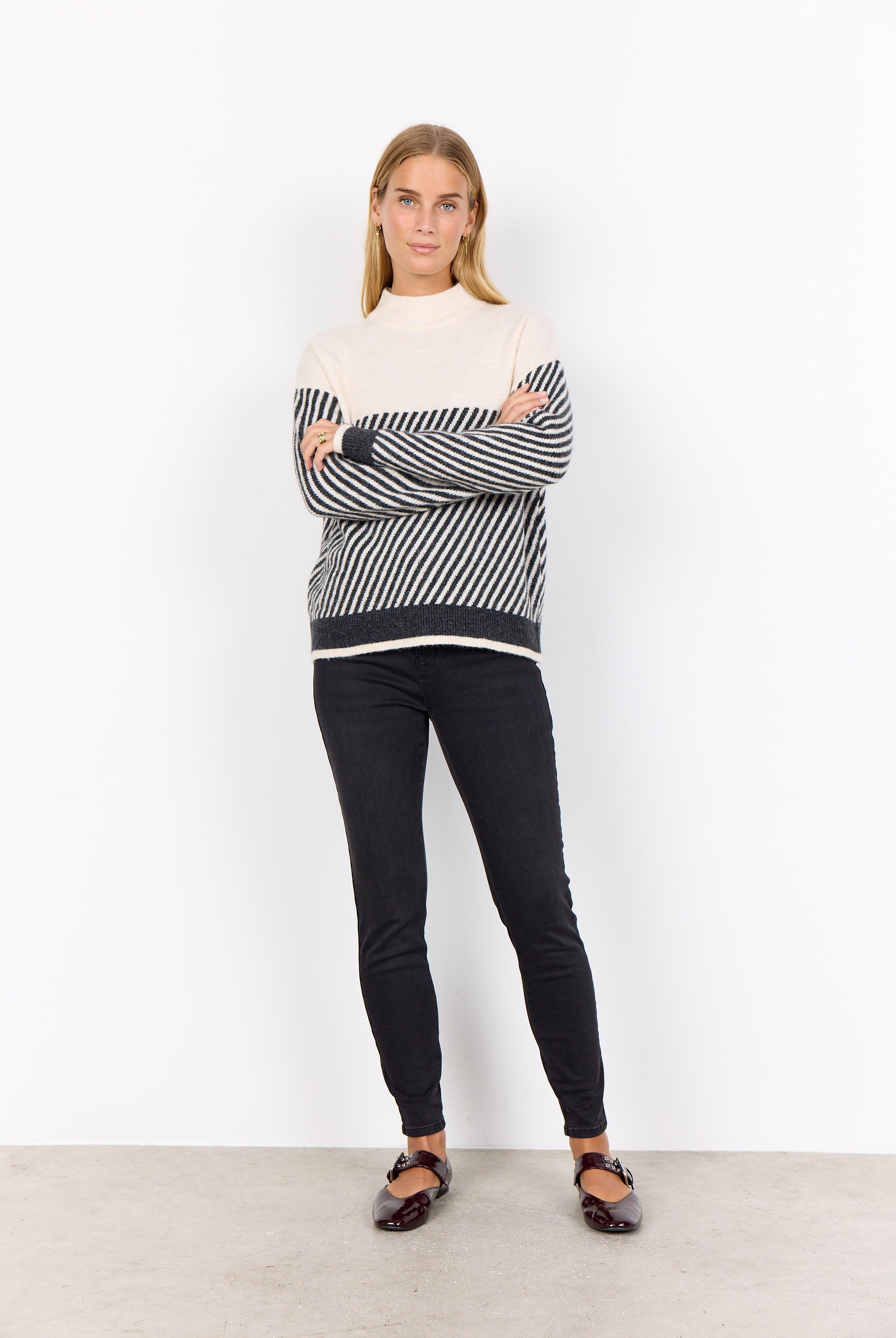 Soya Concept Nessie Stripe Wool Blend Jumper - Cream Melange Combi