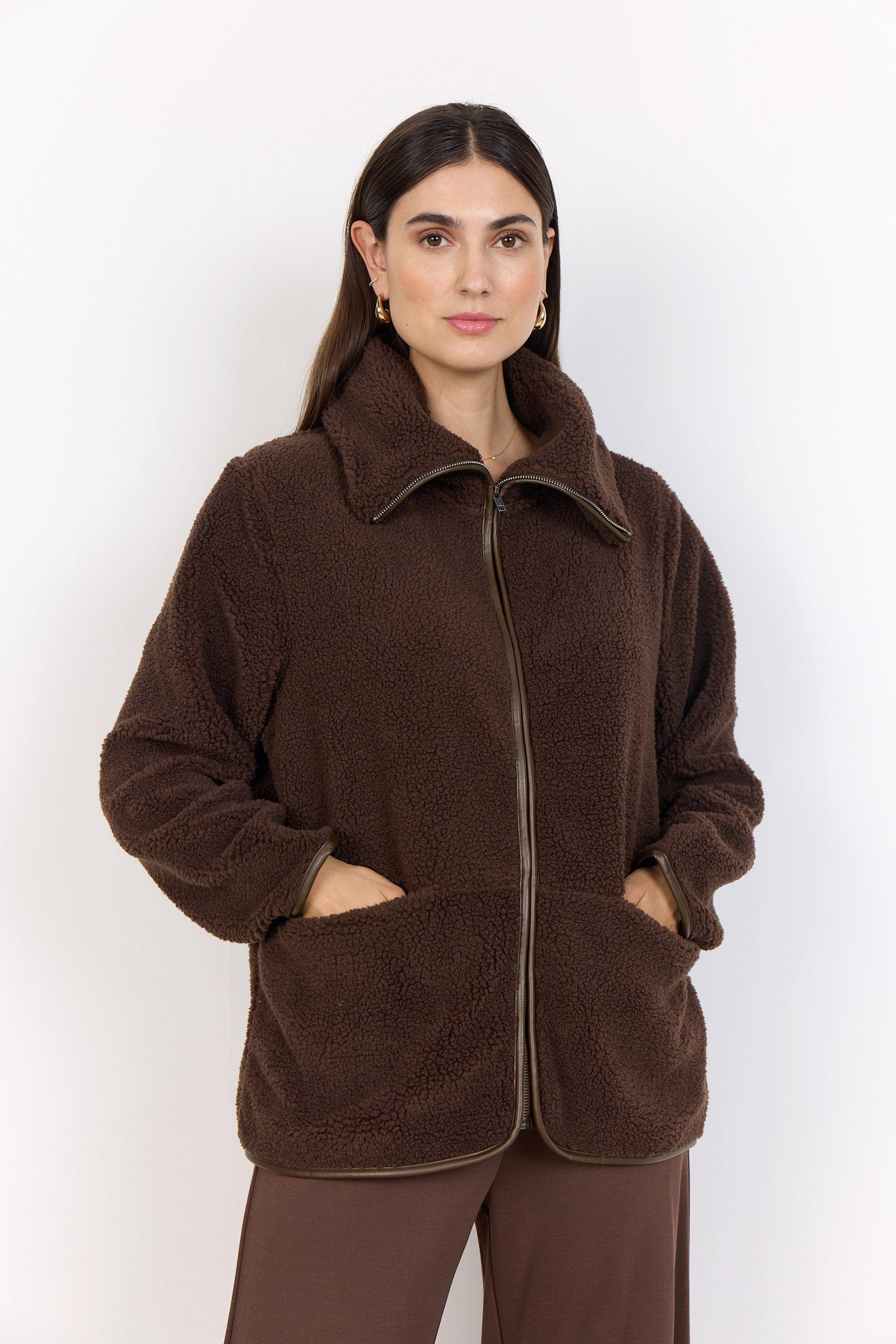 Soya Concept Onyx Wide Collar Fleece Jacket - Hot Fudge