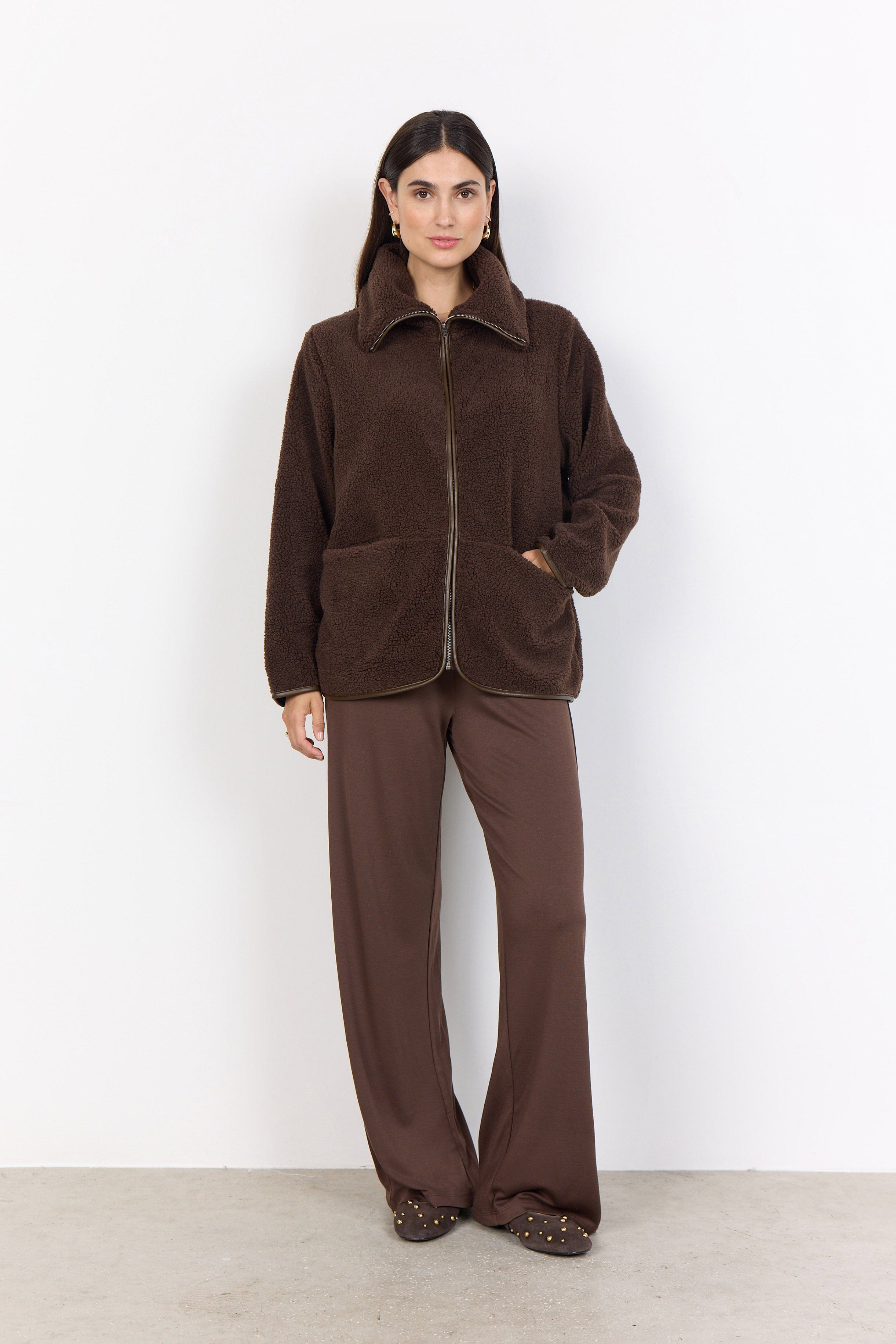 Soya Concept Onyx Wide Collar Fleece Jacket - Hot Fudge