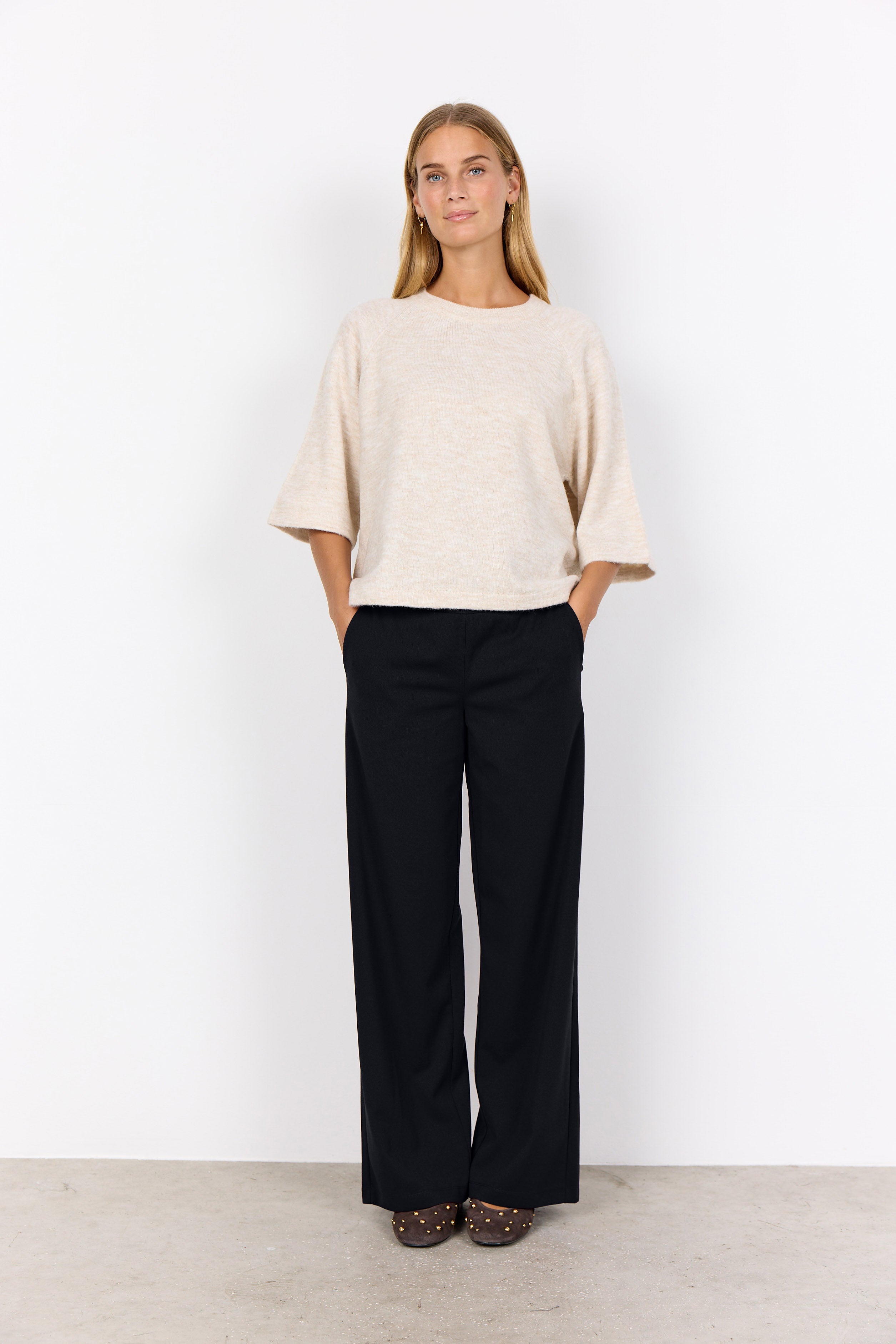 Soya Concept Orlean Knitted 3/4 Sleeve Jumper - Cream Melange