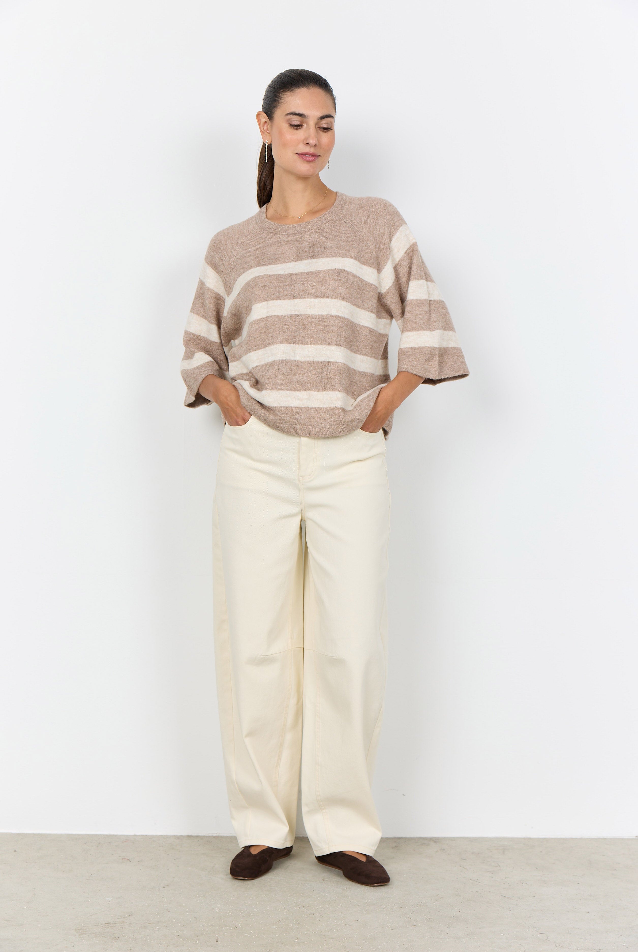Soya Concept Orlean Stripe Knitted 3/4 Sleeve Jumper - Sand Melange Combi