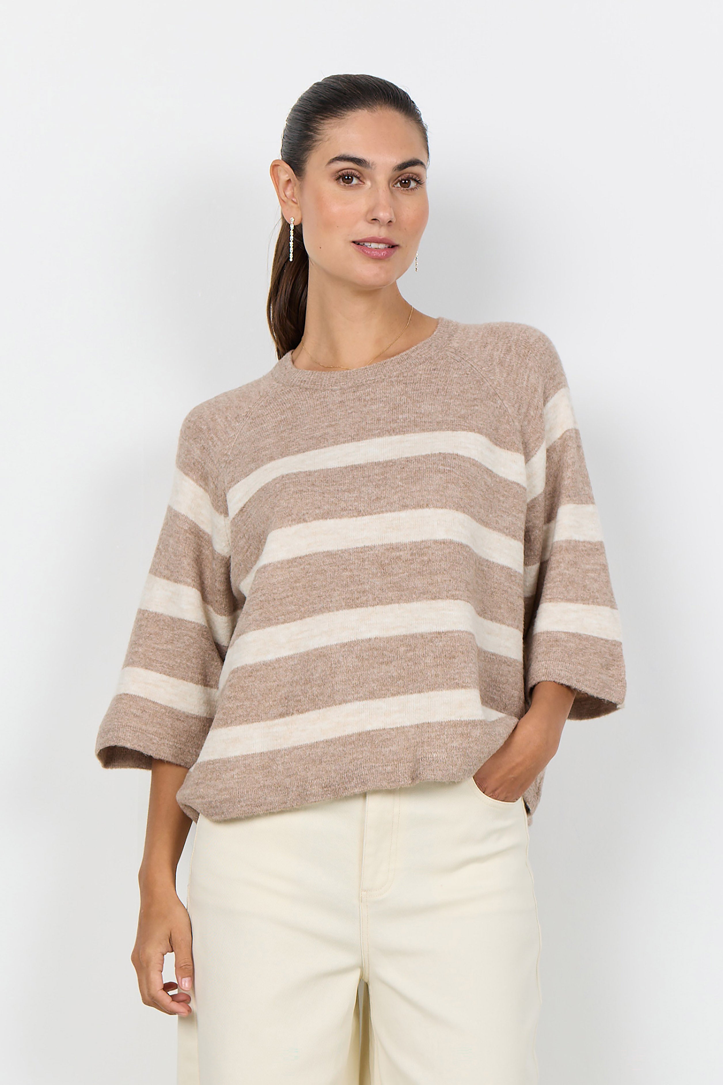 Soya Concept Orlean Stripe Knitted 3/4 Sleeve Jumper - Sand Melange Combi