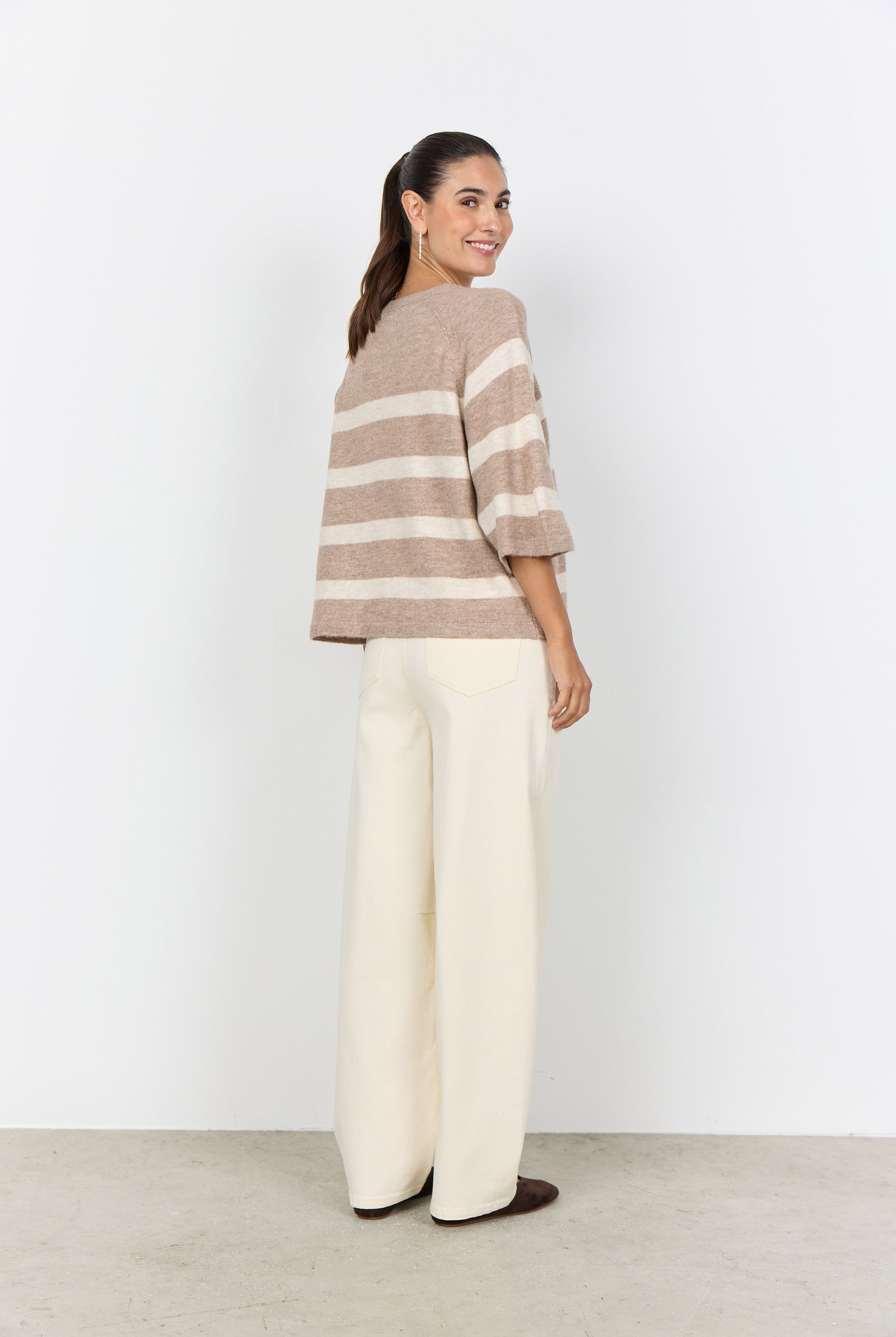 Soya Concept Orlean Stripe Knitted 3/4 Sleeve Jumper - Sand Melange Combi