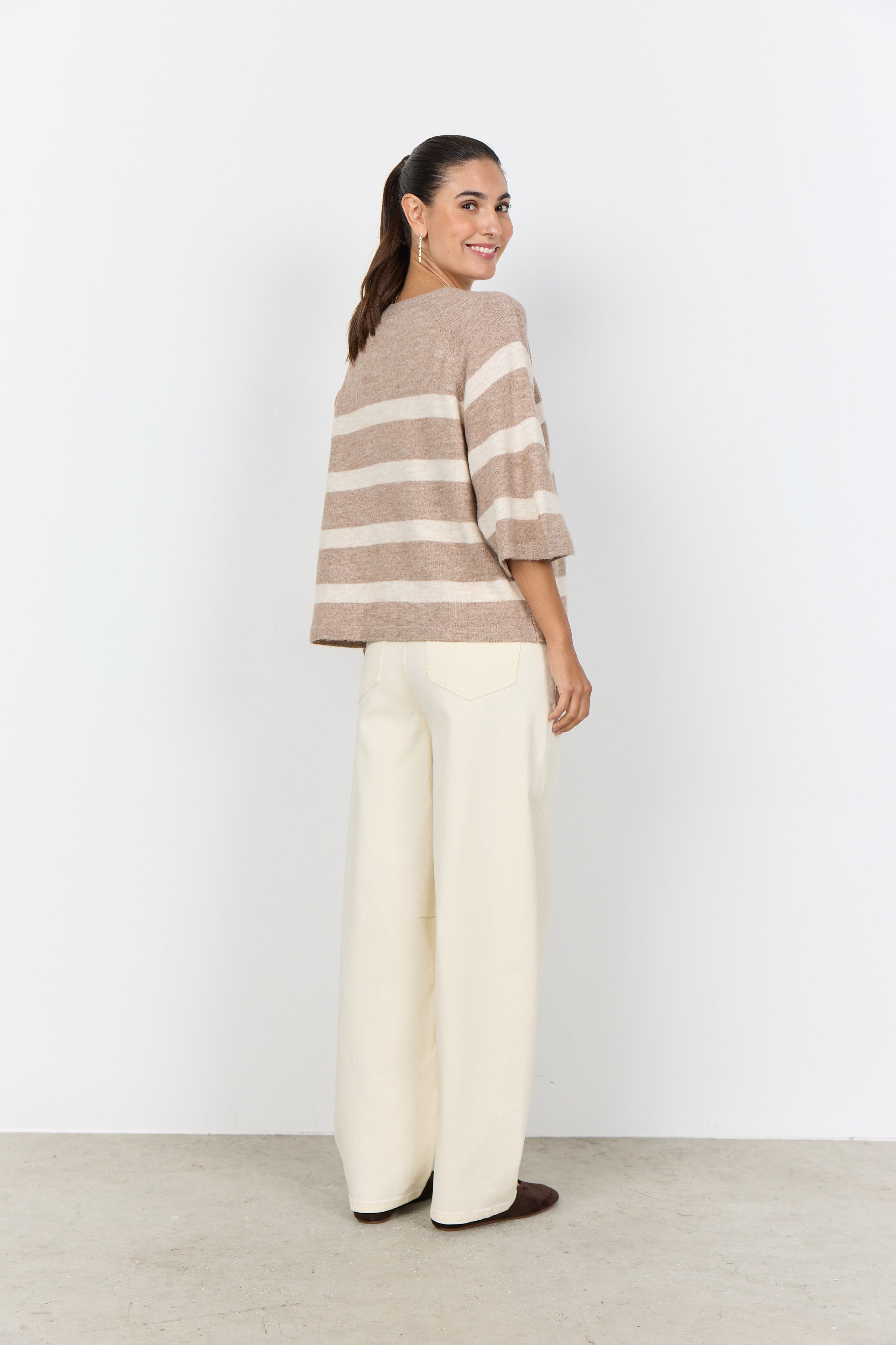 Soya Concept Orlean Stripe Knitted 3/4 Sleeve Jumper - Sand Melange Combi