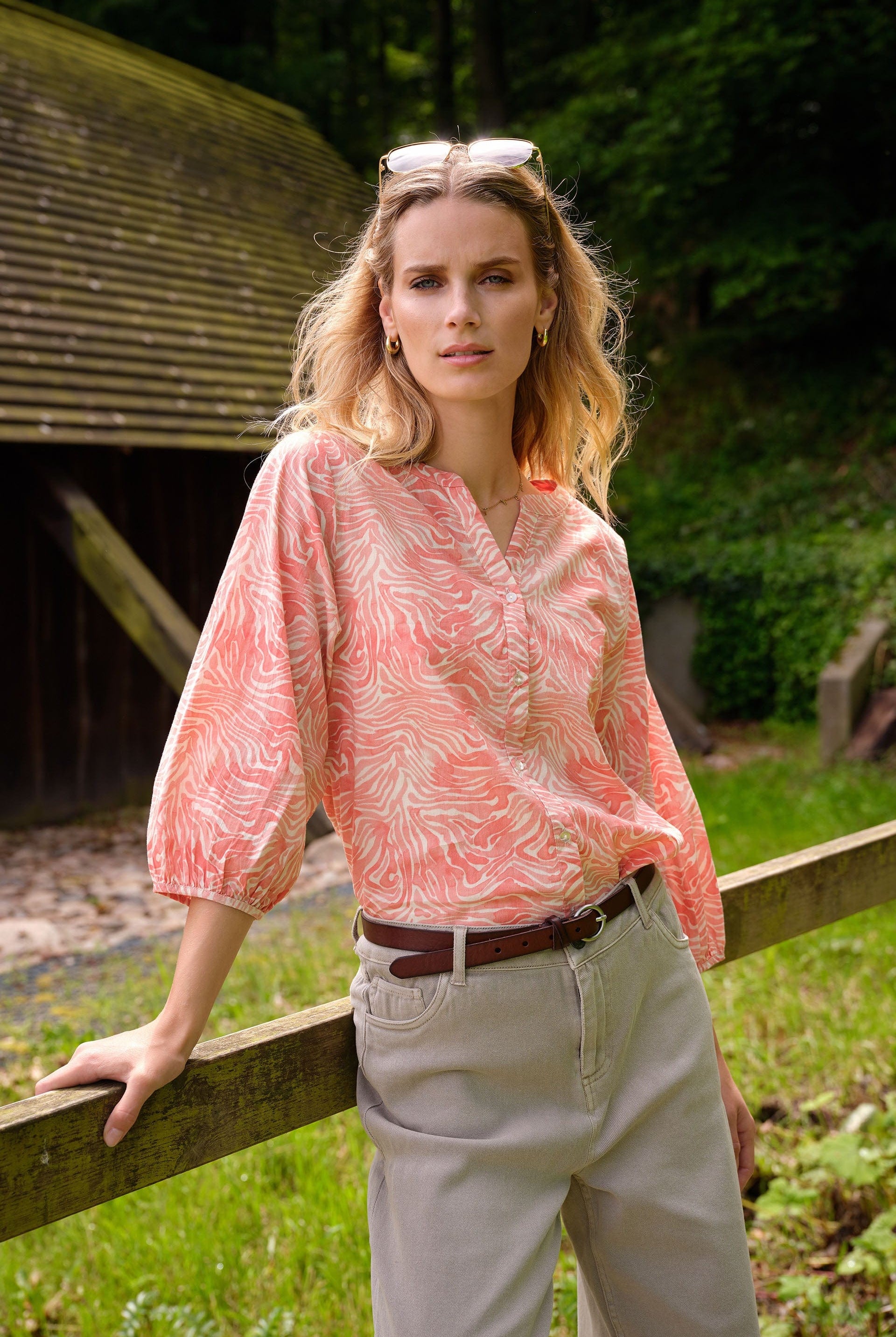 Soya Concept Peggy Printed Organic Cotton Blouse - Peach Pink Combi
