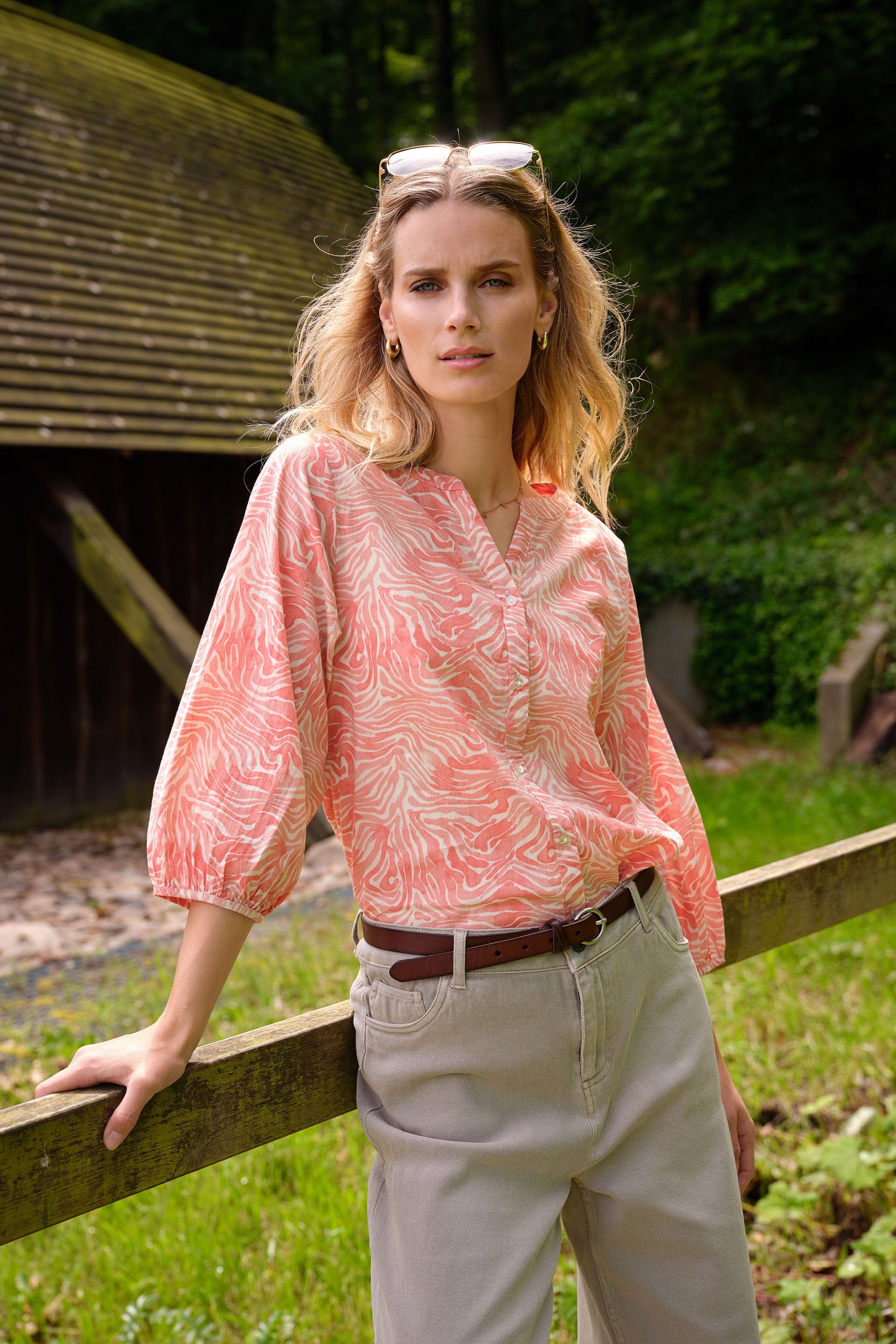 Soya Concept Peggy Printed Organic Cotton Blouse - Peach Pink Combi