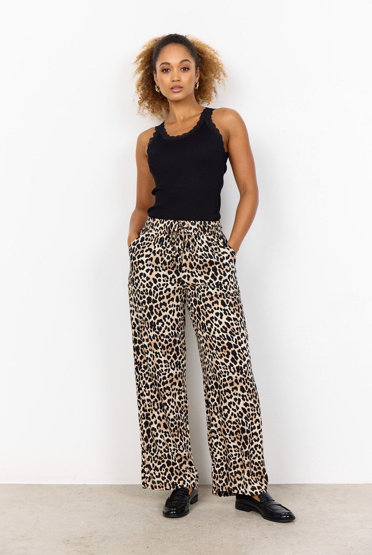 Soya Concept Pietta Leopard Print Elastic Waist Trousers - Sand Combi