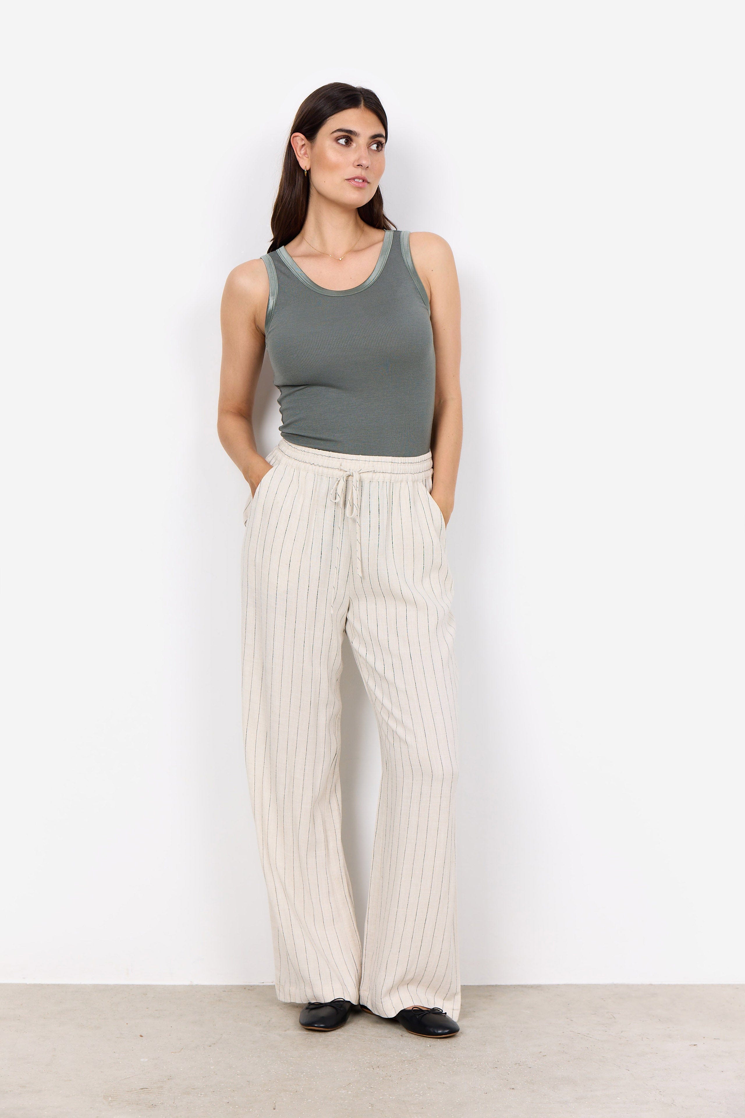 Soya Concept Poula Stripe Elasticated Waist Trousers - Cream Combi