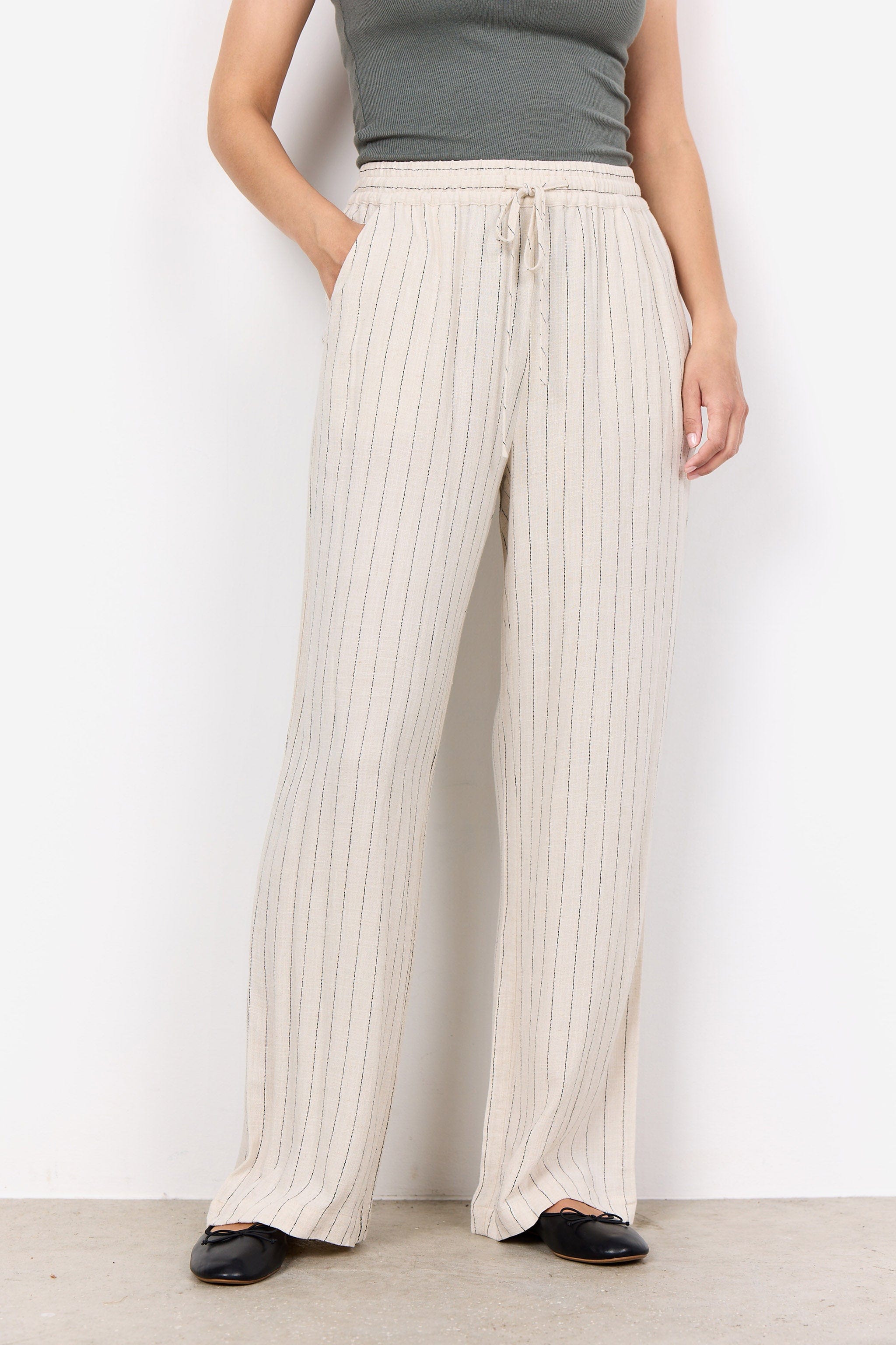 Soya Concept Poula Stripe Elasticated Waist Trousers - Cream Combi