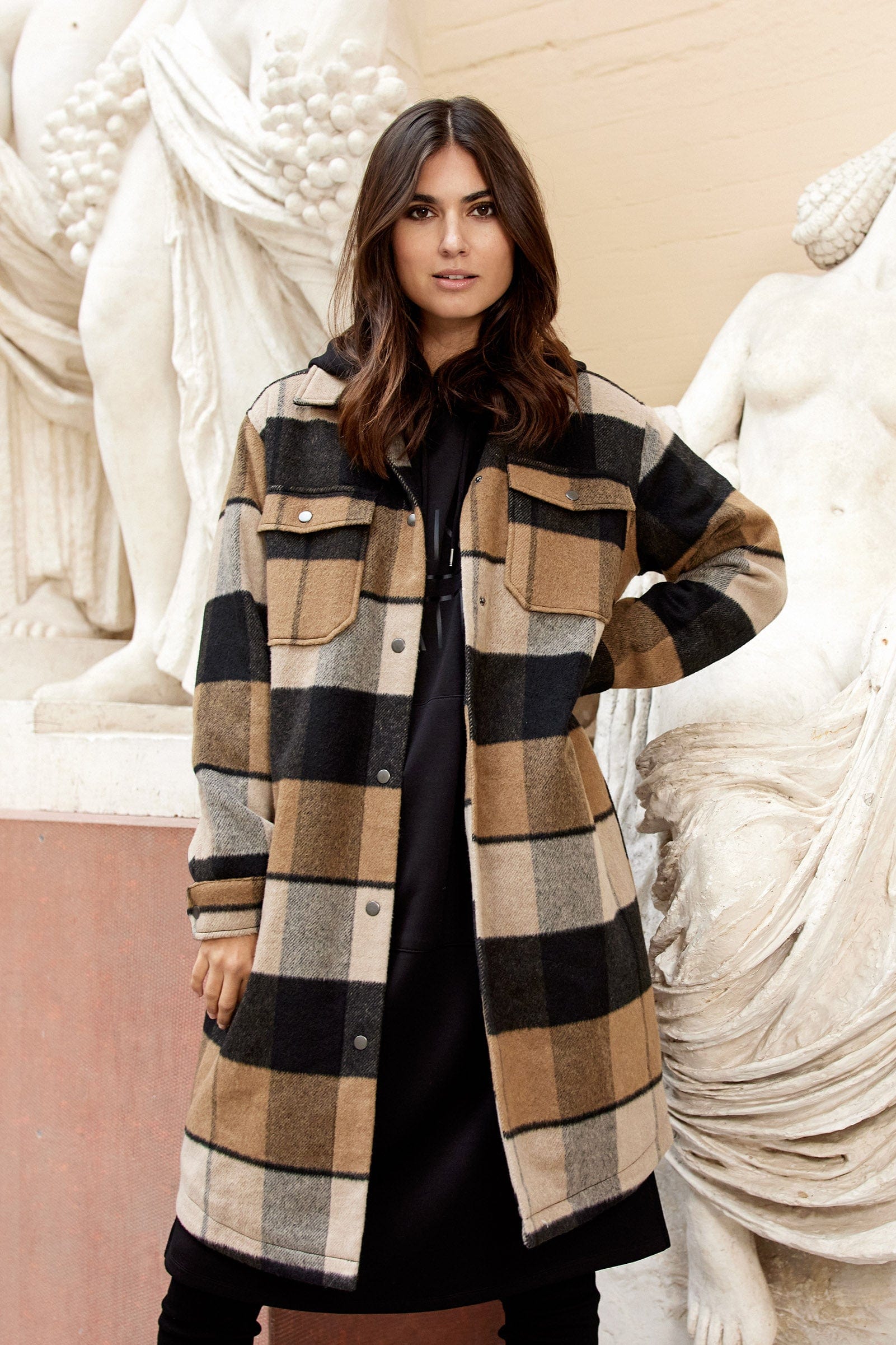 Soya Concept Ranila Check Long Shacket - Camel Combi