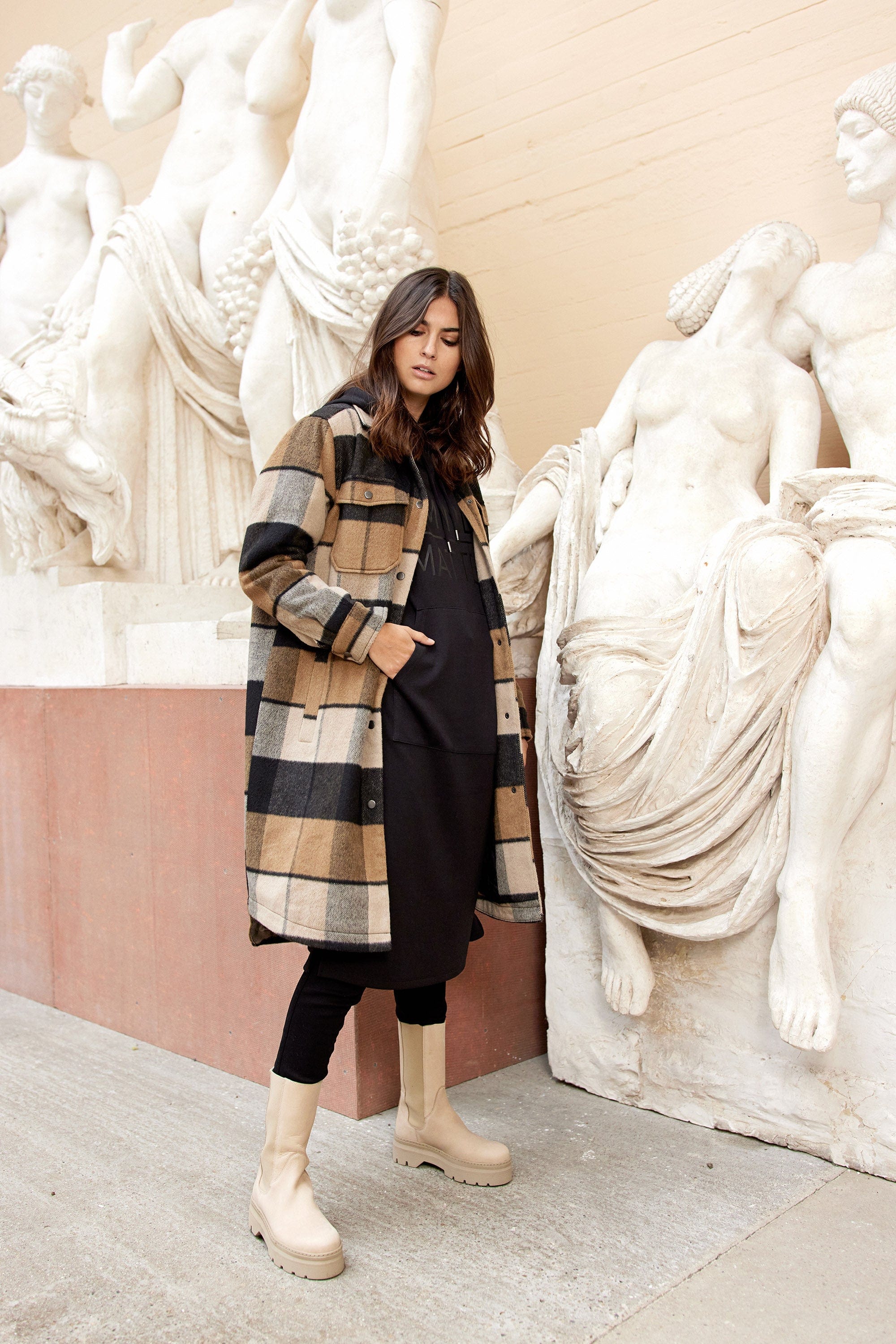 Soya Concept Ranila Check Long Shacket - Camel Combi