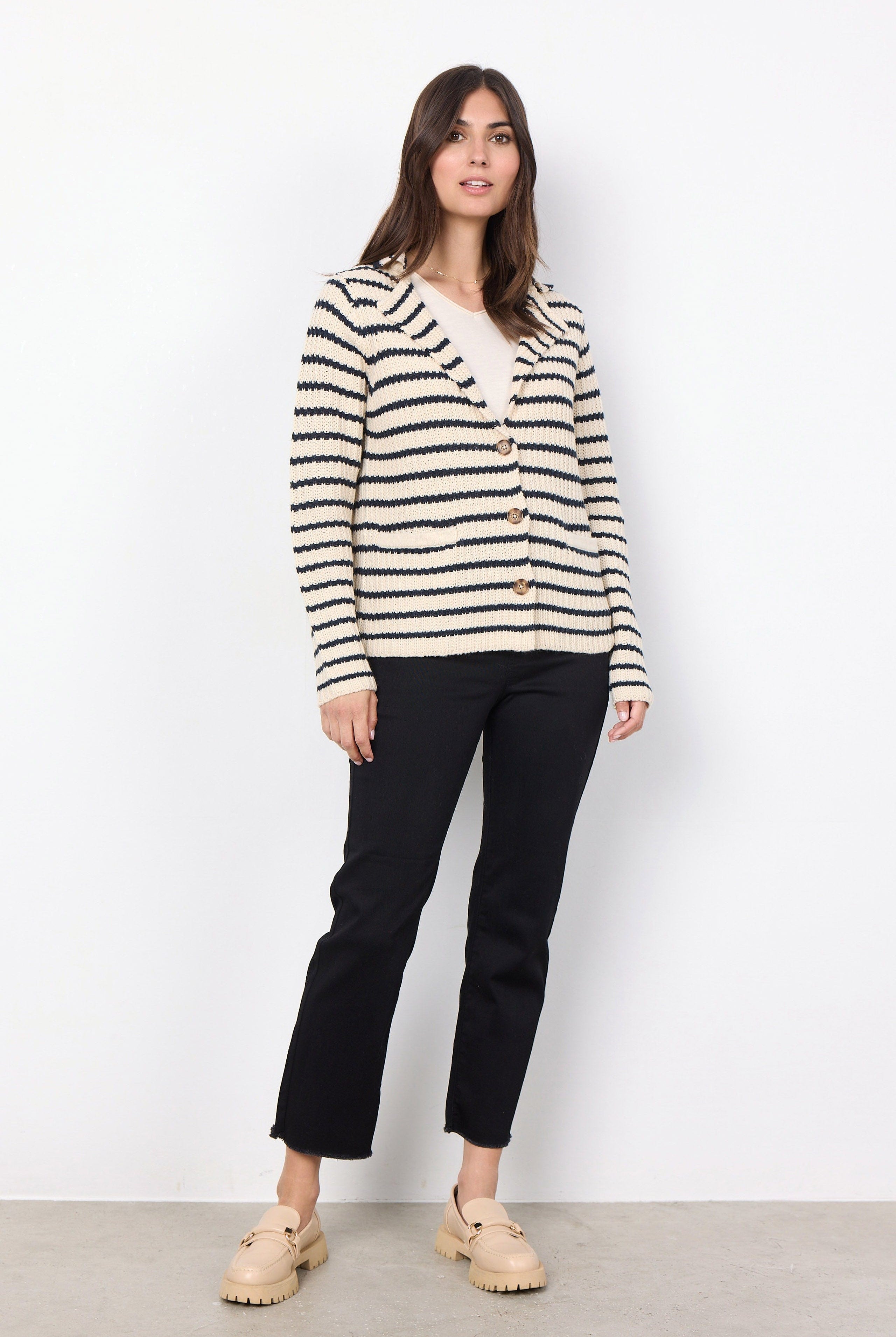 Soya Concept Remone Stripe Collared Cardigan - Cream Combi