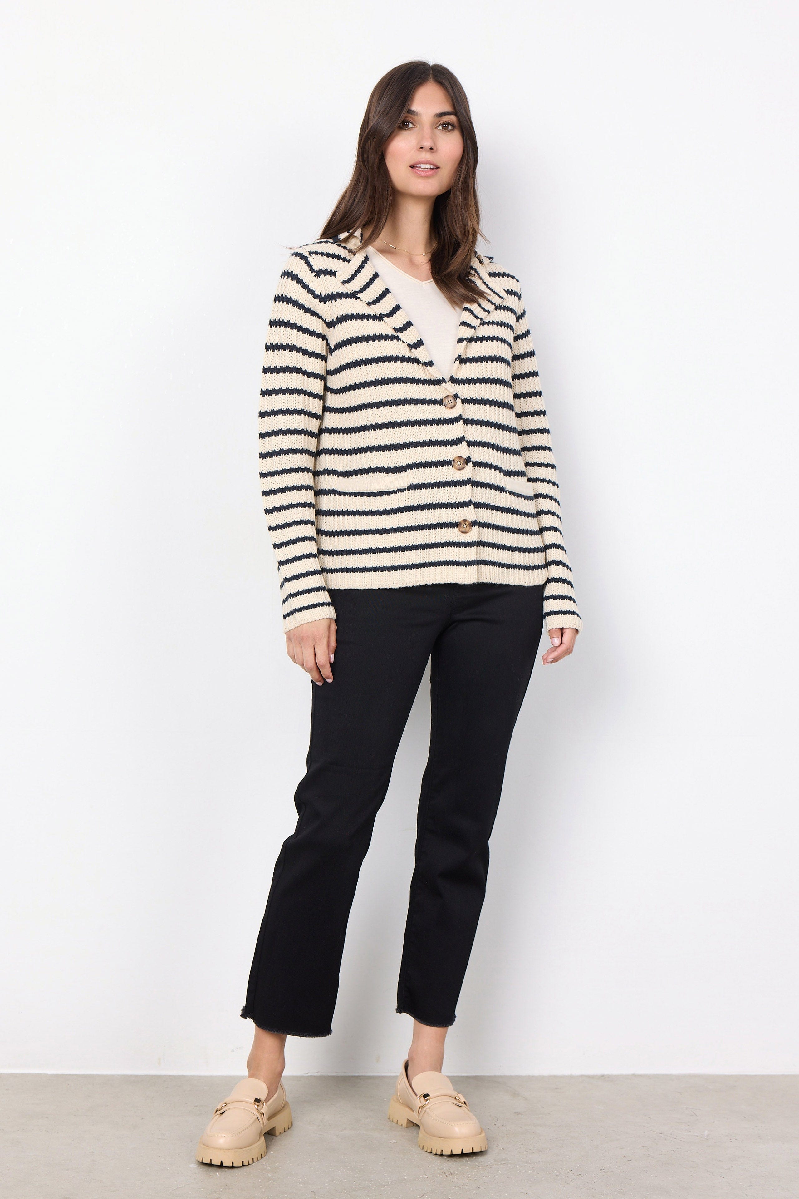 Soya Concept Remone Stripe Collared Cardigan - Cream Combi
