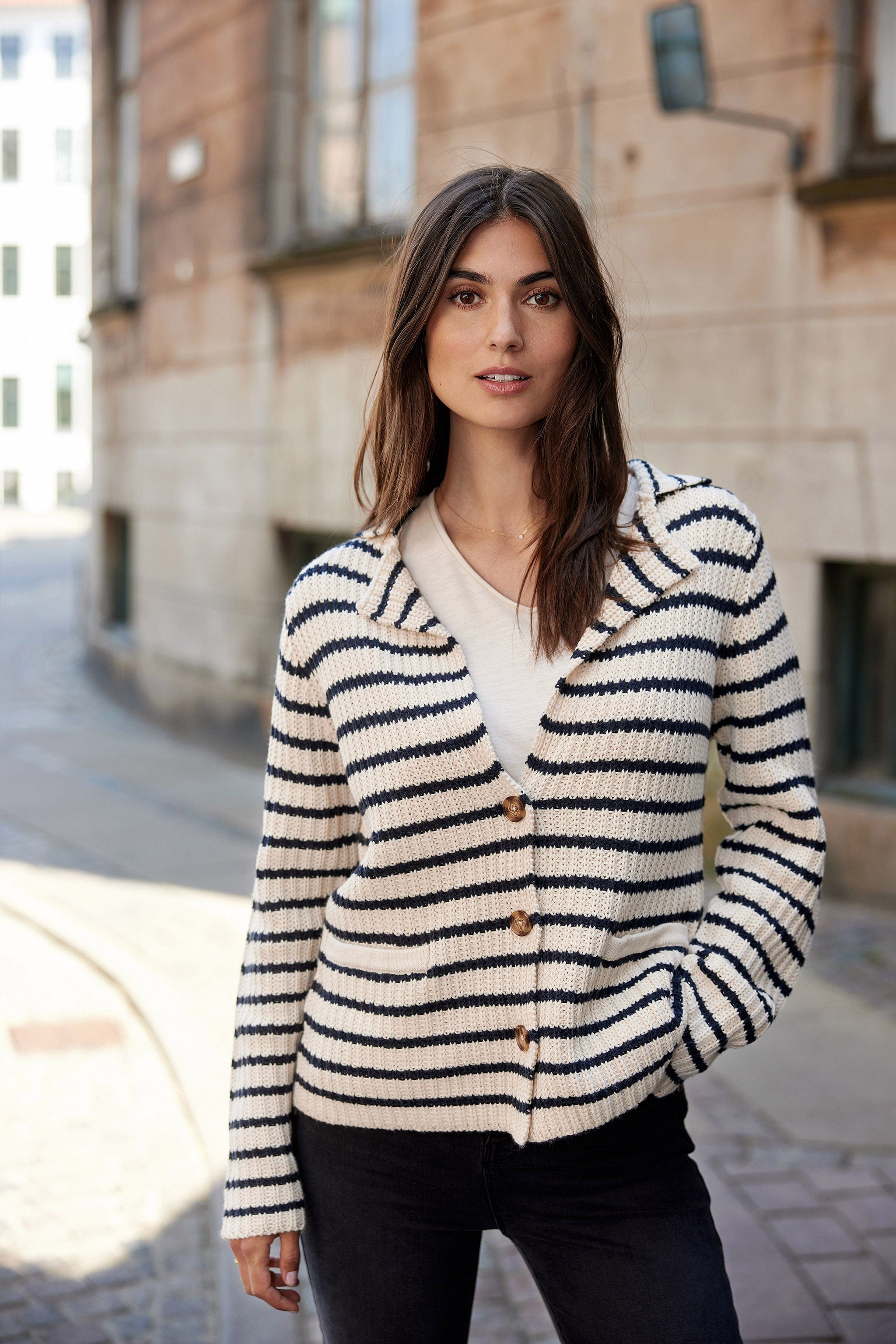 Soya Concept Remone Stripe Collared Cardigan - Cream Combi