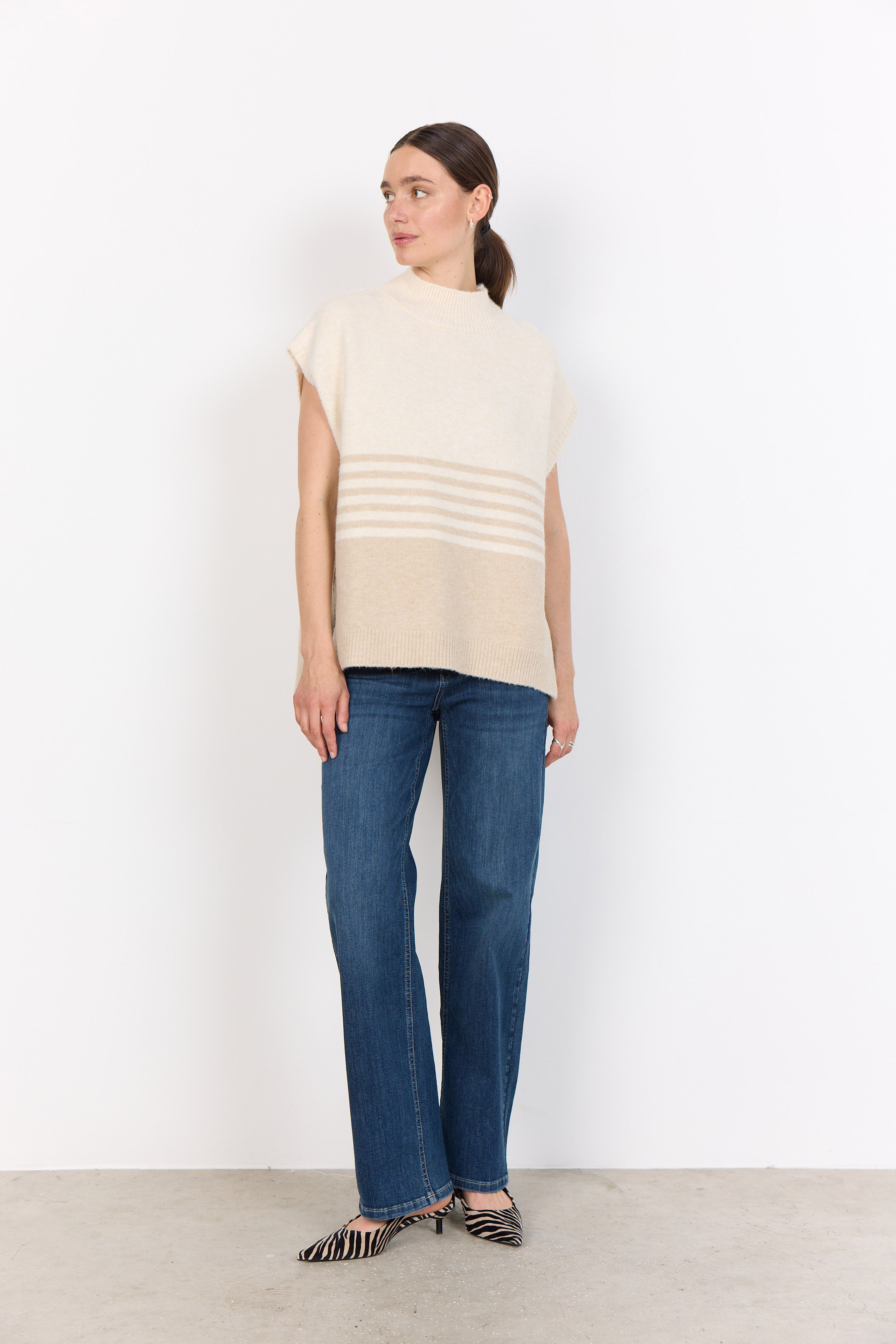 Soya Concept Selvi Knitted Drop Shoulder Jumper - Sand Melange Combi