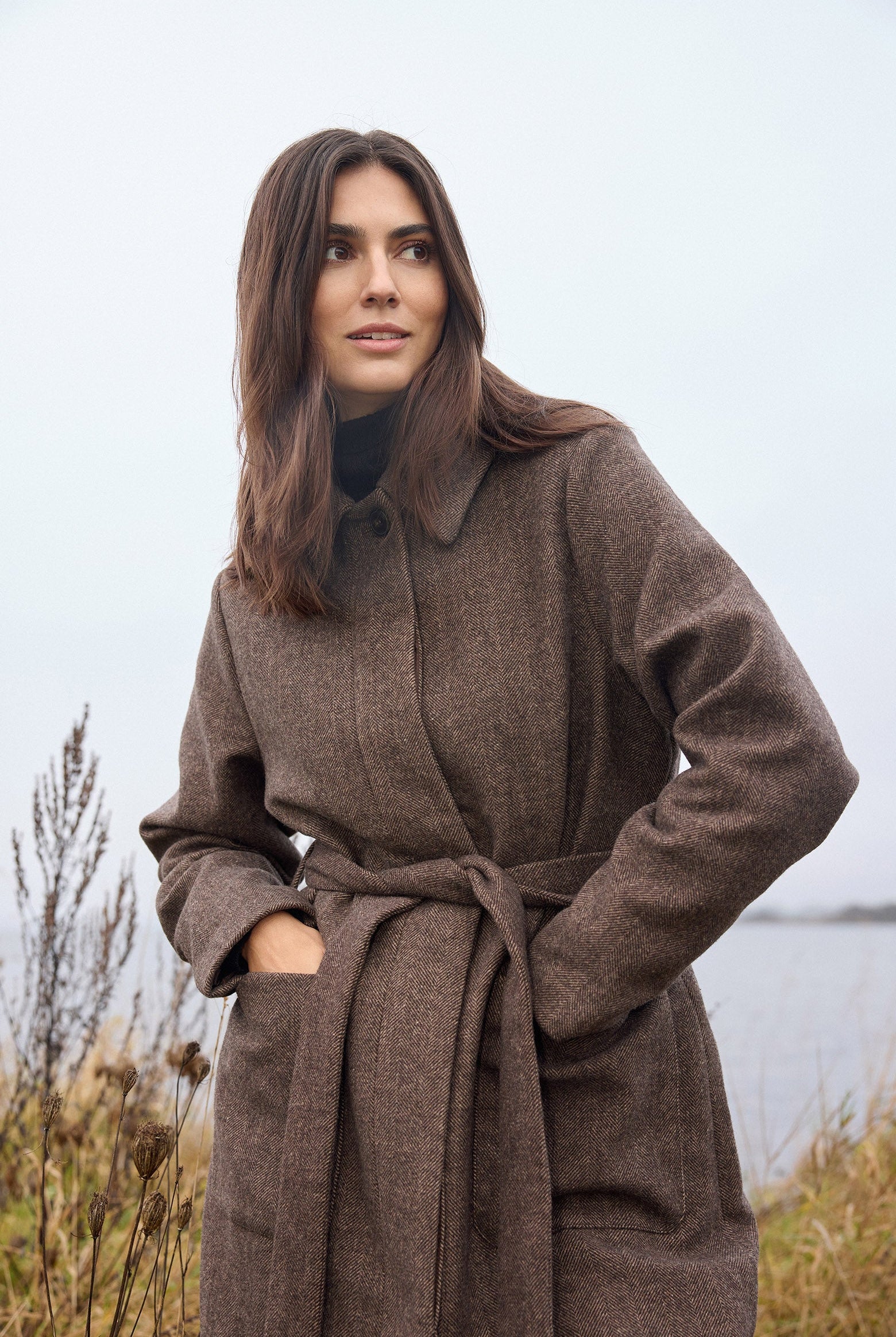 Soya Concept Shakira Wool Blend Belted Longline Coat - Hot Fudge Combi