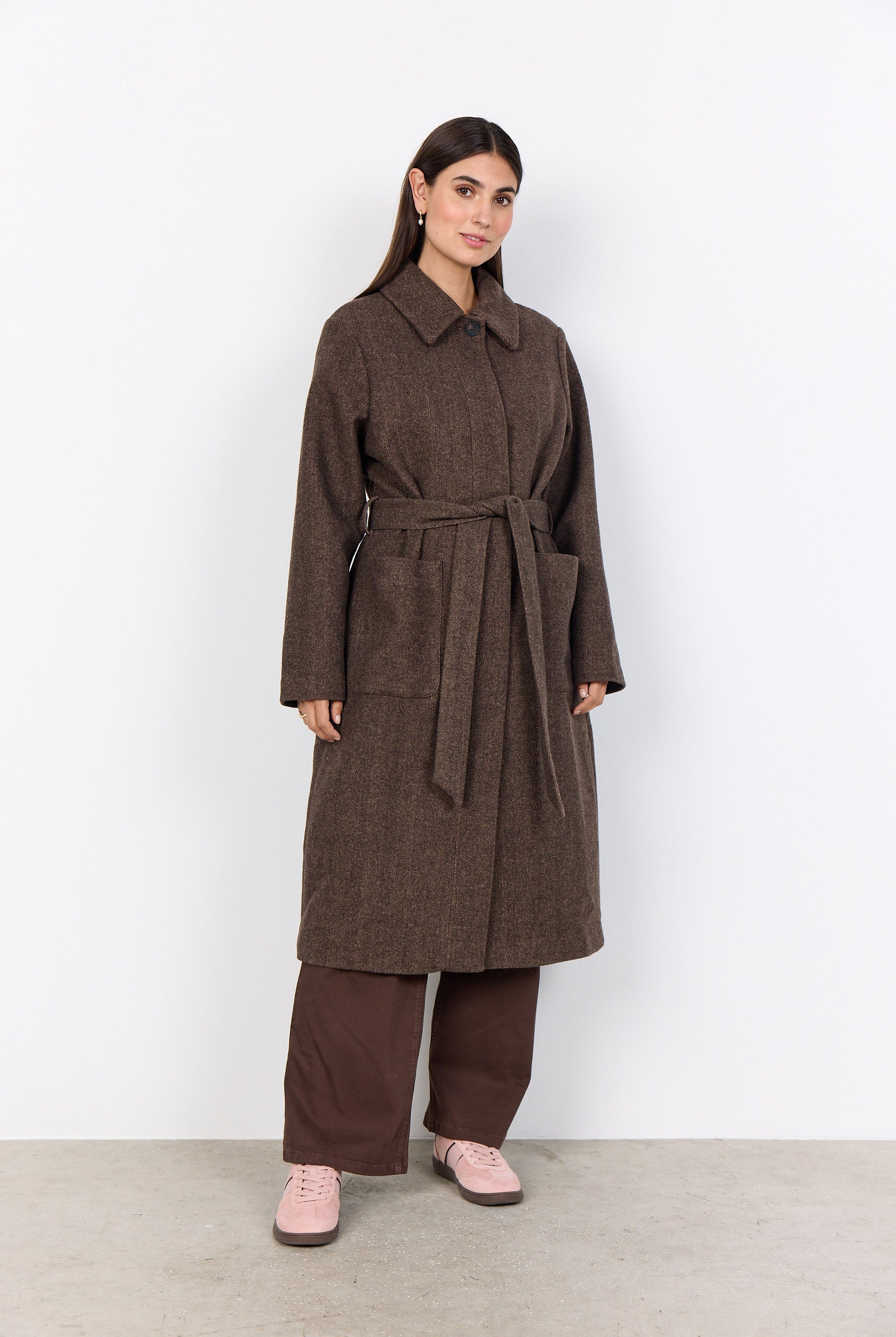 Soya Concept Shakira Wool Blend Belted Longline Coat - Hot Fudge Combi